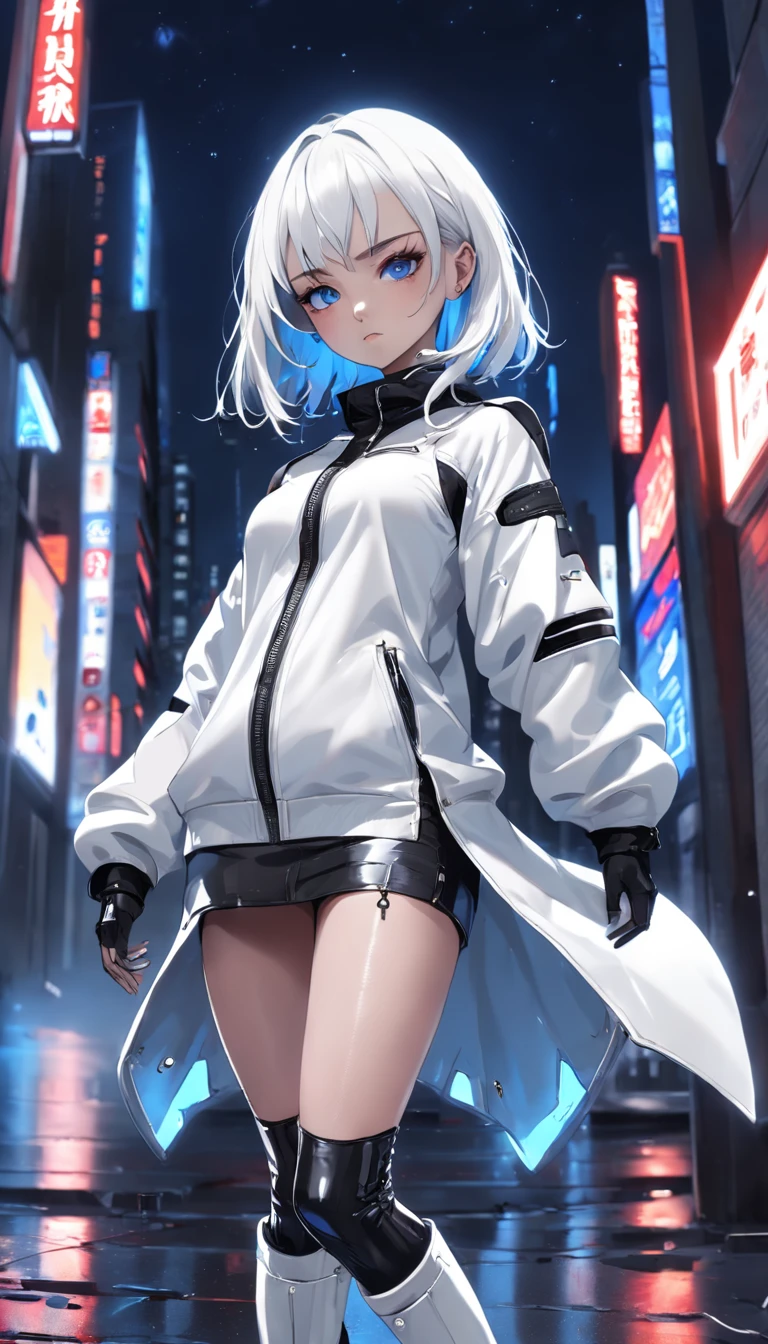 hermosa chica de piel blanca,ojos azules,cabello plateado,cabello estilo bob invertido,gabardina roja estilo futurista,mini falda negra de cuero,medias negras con liguero,botas de combate negras,techwear fashion,en una ciudad retro futurista de noche,luces neon,lloviendo,charcos de agua en el piso,HDR,UHD,8k