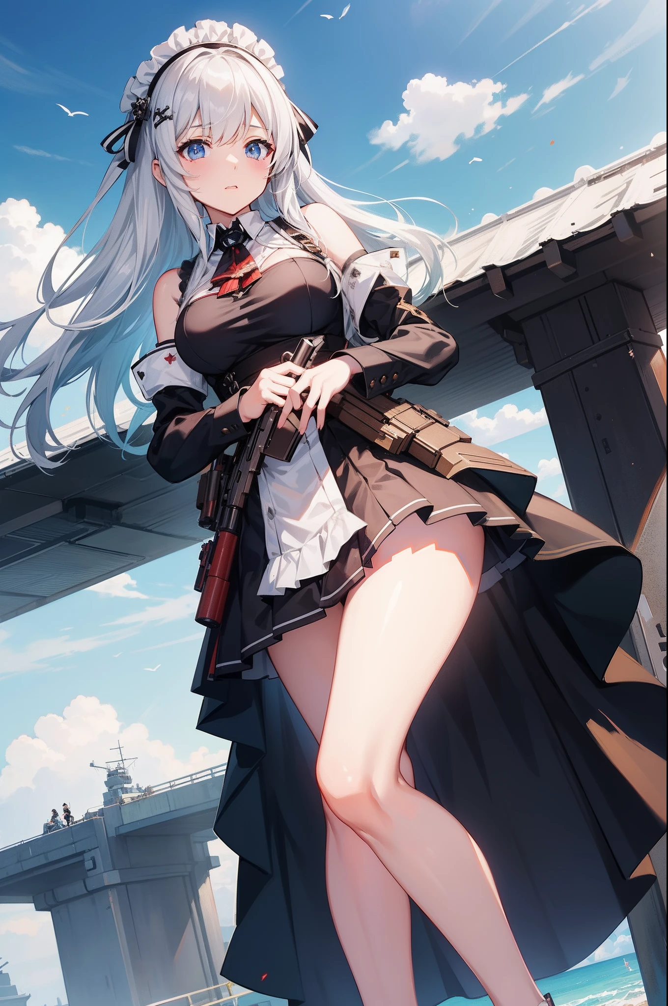 (top-quality:1.2)、(top-quality:1.2)、Ultra-fine animation、Maid girl posing on battlefield、The background is the deck of a battleship、Maid clothes are based on black and white、Twin-tailed、holding the sniper rifle、Combat stance、Best 4K Wallpapers、Trending on CGSTATION、Trending on Art Station pixiv、Seductive Maiden、GWISE AT PIXIV ART STATION、from girls frontline