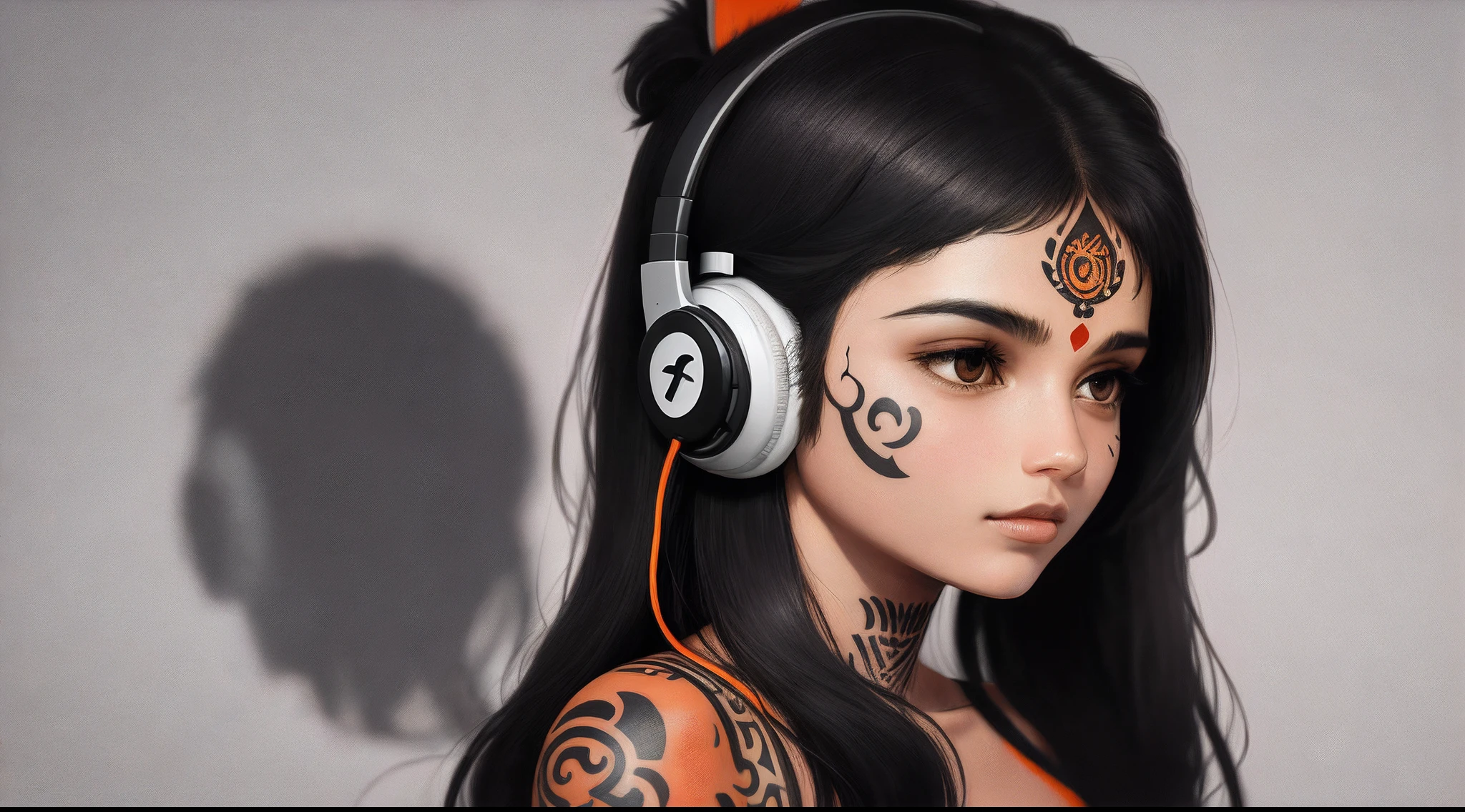 Masterpiece, best quality, 8k, detailed skin texture, detailed cloth texture, beautiful detail face, intricate details, super detailed, portrait of a Russian girl, tattooed on the body, with headphones, the logo on the headphones is KIKO, is a DJ, the tattoo is the English letter kiko, the chest tattoo is the letters KIKO, KIKO