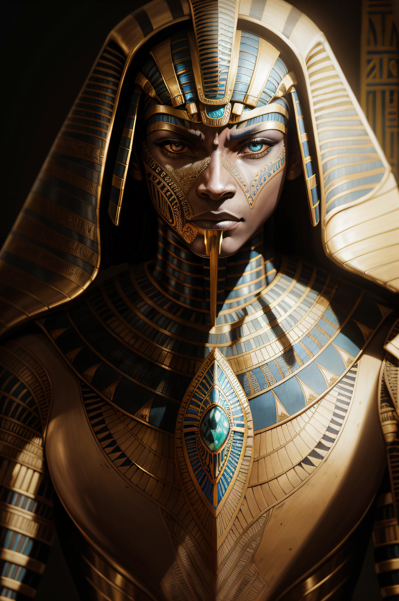 biomachine:1.3, (EGYPTIAN BLACK PREDATOR:1.2), (Colouring:1.2), dourado, ouro, Hans Giger, (Zentangle:1.2), granulado, extremamente detalhado, detalhes intrincados, dynamic lighting, fotorrealista, Luz Natural, baixo h, obra prima, detalhado 8k