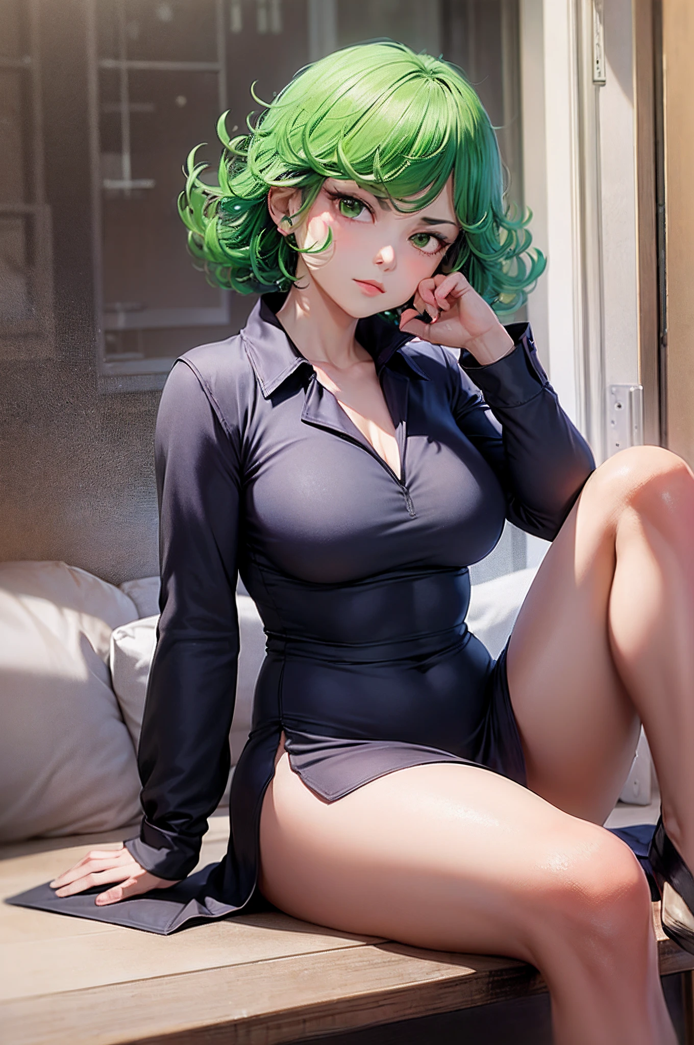 (Masterpiece, Best Quality:1.2), 独奏, 1girl, tatsumaki, unamused, closed mouth, looking a viewer, hand on our face, sitting, Short dress,big thighs,crossing leg