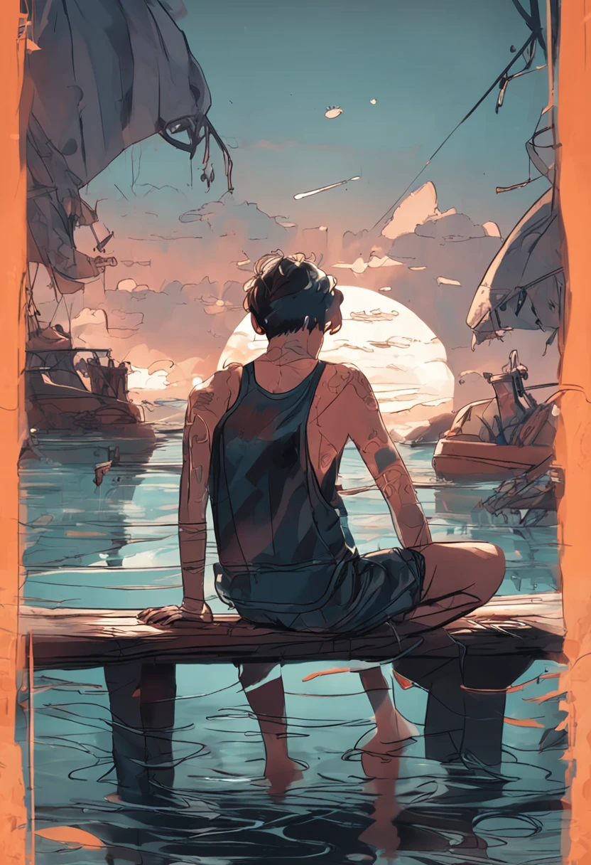 Boy ager sitting in the water,Shirtless,with fair skin,ssmile,Diving tools
