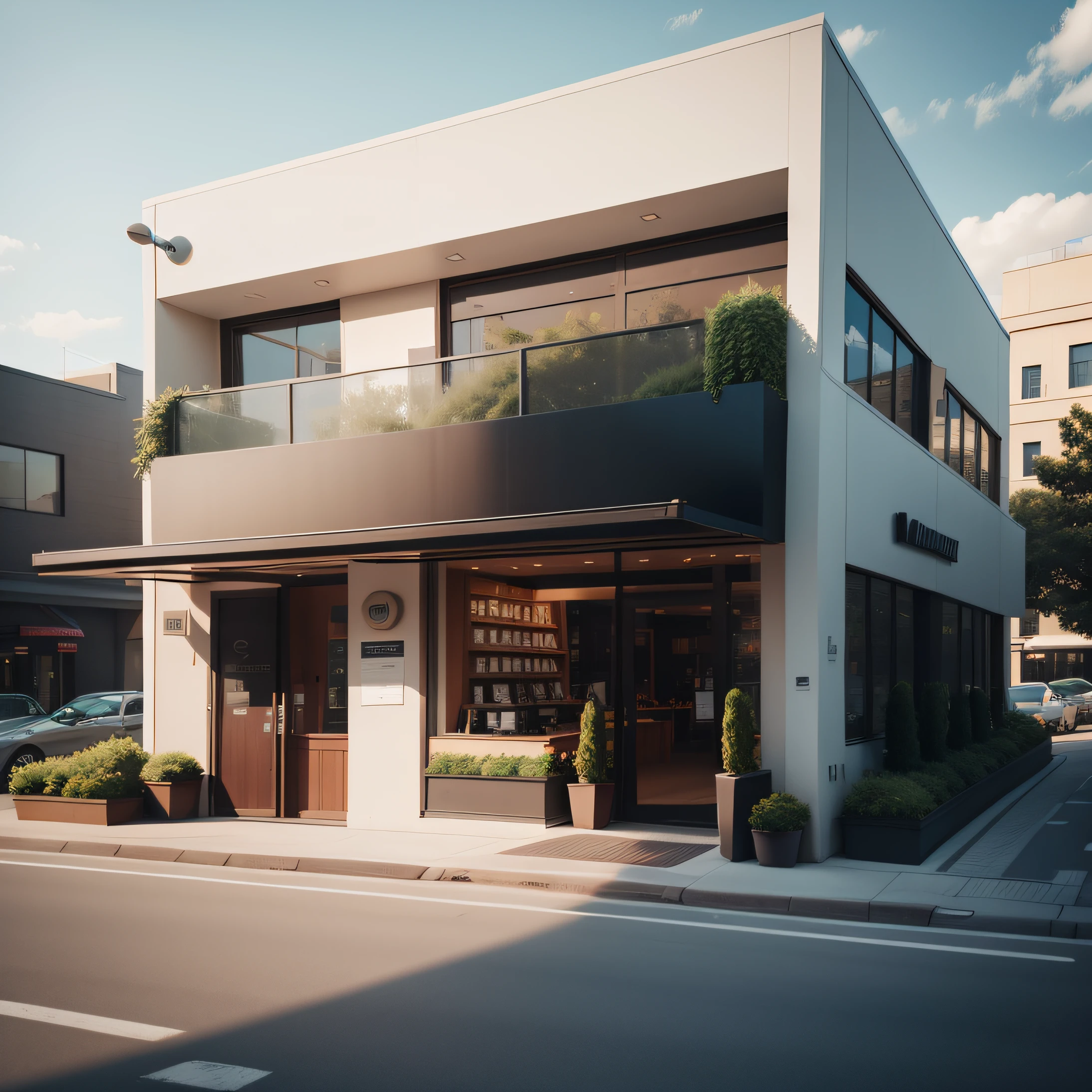 architecture shot, single building of a Starbuck café, empty parking bay at the front, nice shrubbery surrounding the café, blue skies with minimal clouds, hyper-realistic, 8k, morning.