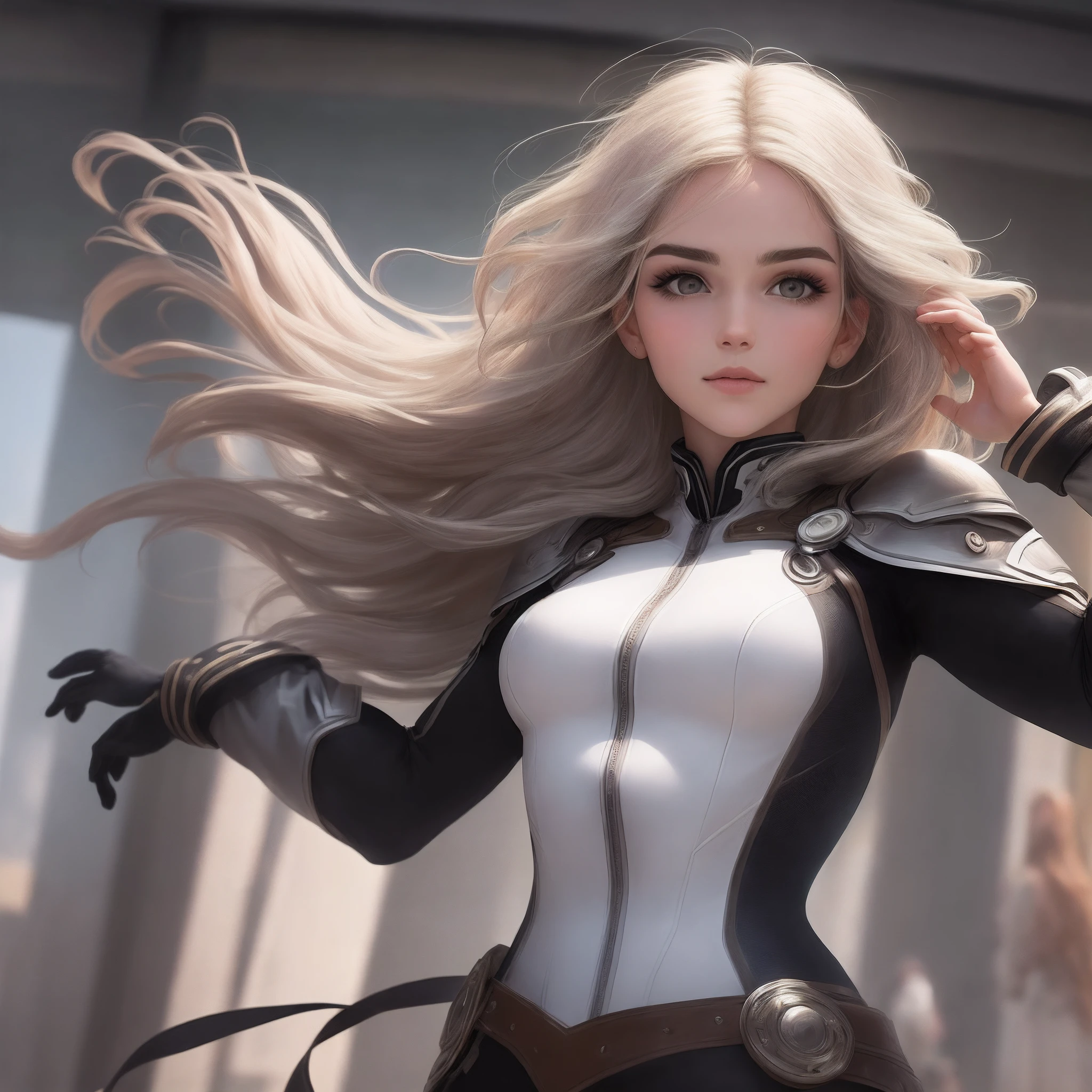 "Descreva a imagem de uma mulher com cabelo preto e crespo, olhos castanhos escuro expressivos, altura de 1,65m, broad shoulders that give strength to your posture, e uma cintura fina que equilibra sua silhueta. It seems to emanate confidence and determination, his gaze conveying a captivating blend of mystery and self-confidence. The way her hair dances with the wind seems to mirror her dynamic personality, while his posture denotes a magnetic presence."