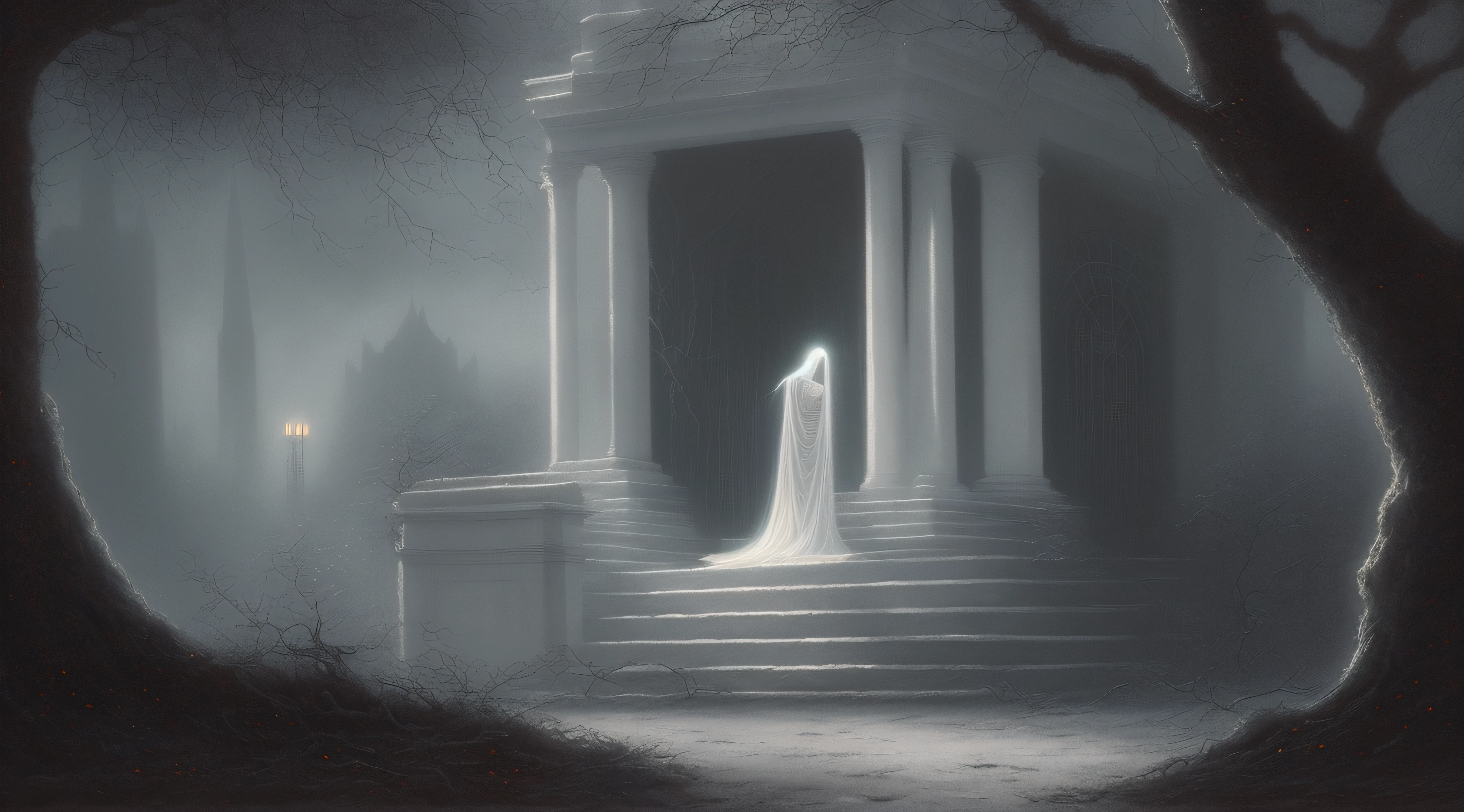 Painting of a ghostly woman in a white dress in front of a building, eerie nostalgic concept art, an ominous fantasy illustration, envolto em fantasmas, Wayne Barlowe Pierre Pellegrini, [[fantasia]], inspirado em Gustave Dore, portal to the ethereal realm, ghostly atmosphere, ghostly, inspirado em Alan Lee, goddess of death in a graveyard