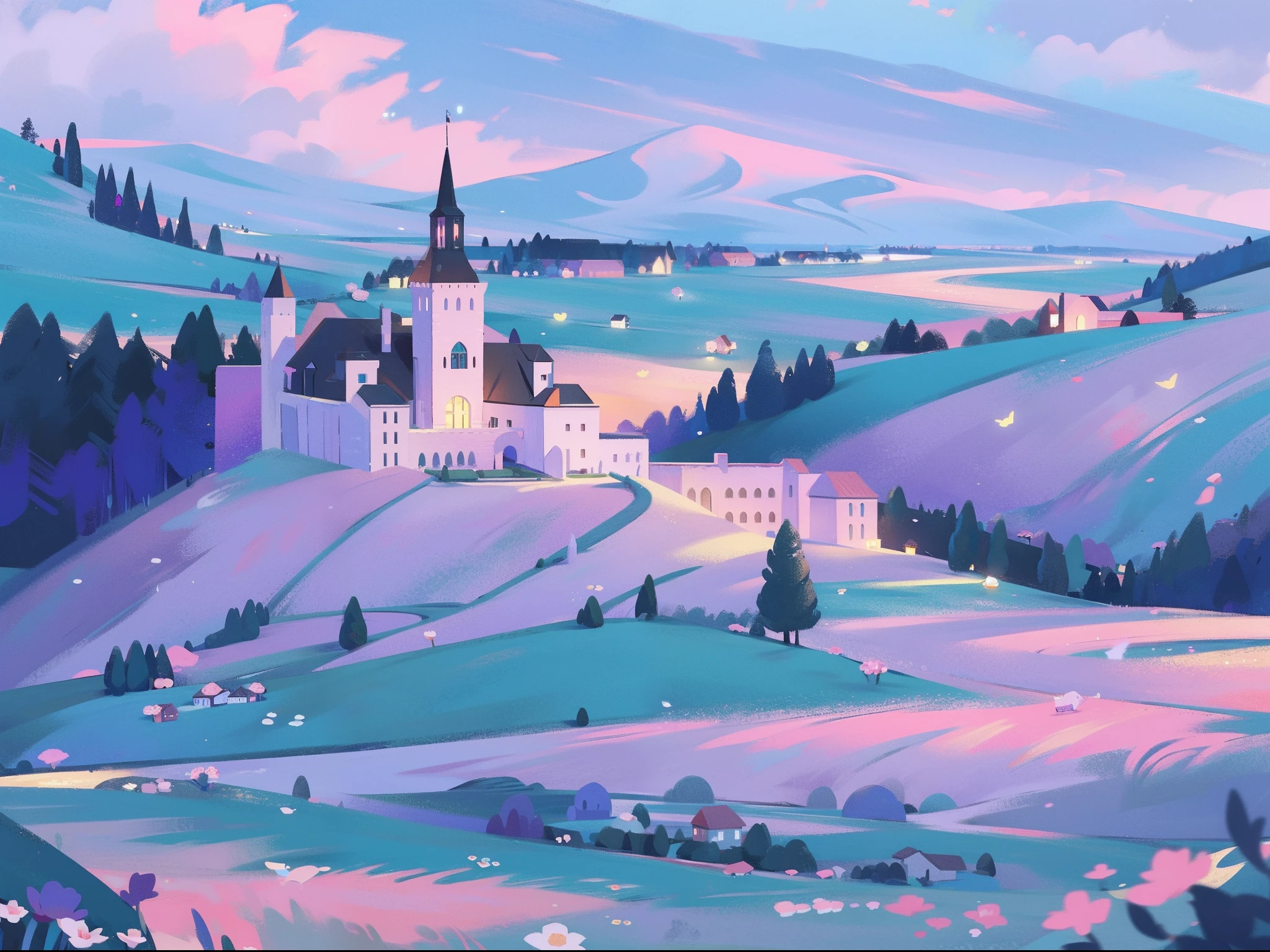 masterpiece, best quality, 8k resolution, sharp focus, intricate detail, beautiful landscape, fantasy storybook castle, magical landscape, colorful, whimsical, magical, high resolution, fine details, fantasy, lake, flowers, garden, village, (huge castle), colorful beautiful sky