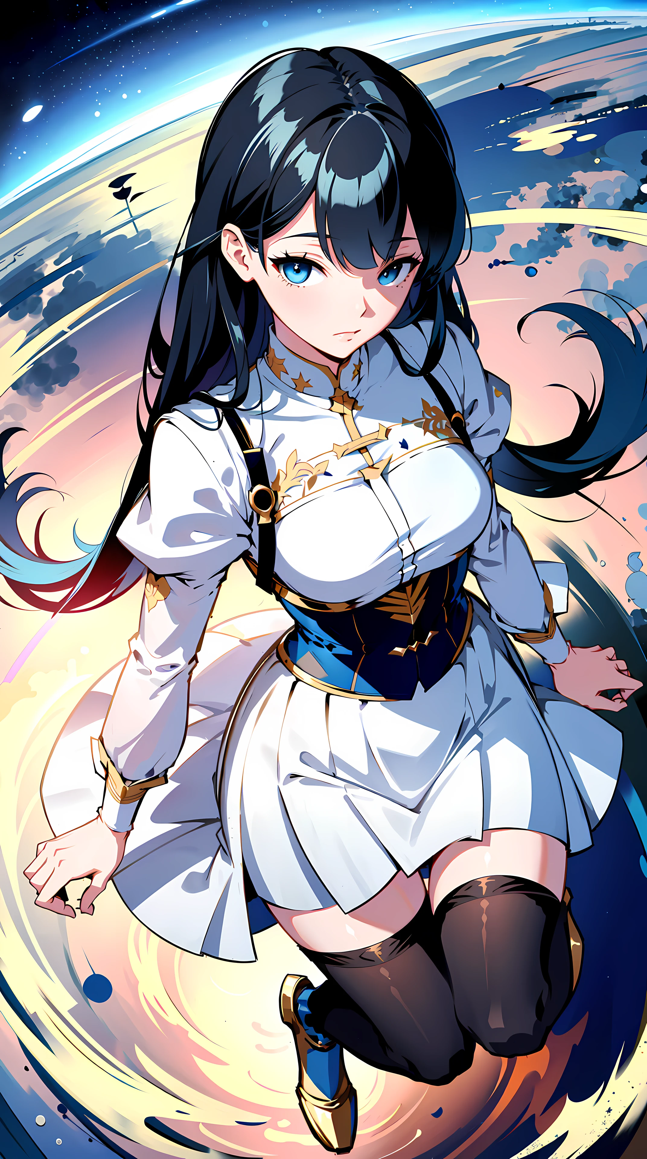 absurd res, high res, (masterpiece:1.4), ultra-detailed, 1girl, from above, space, floating, Chinese dress, white dress, stockings, black hair, blue eyes, golden eyes