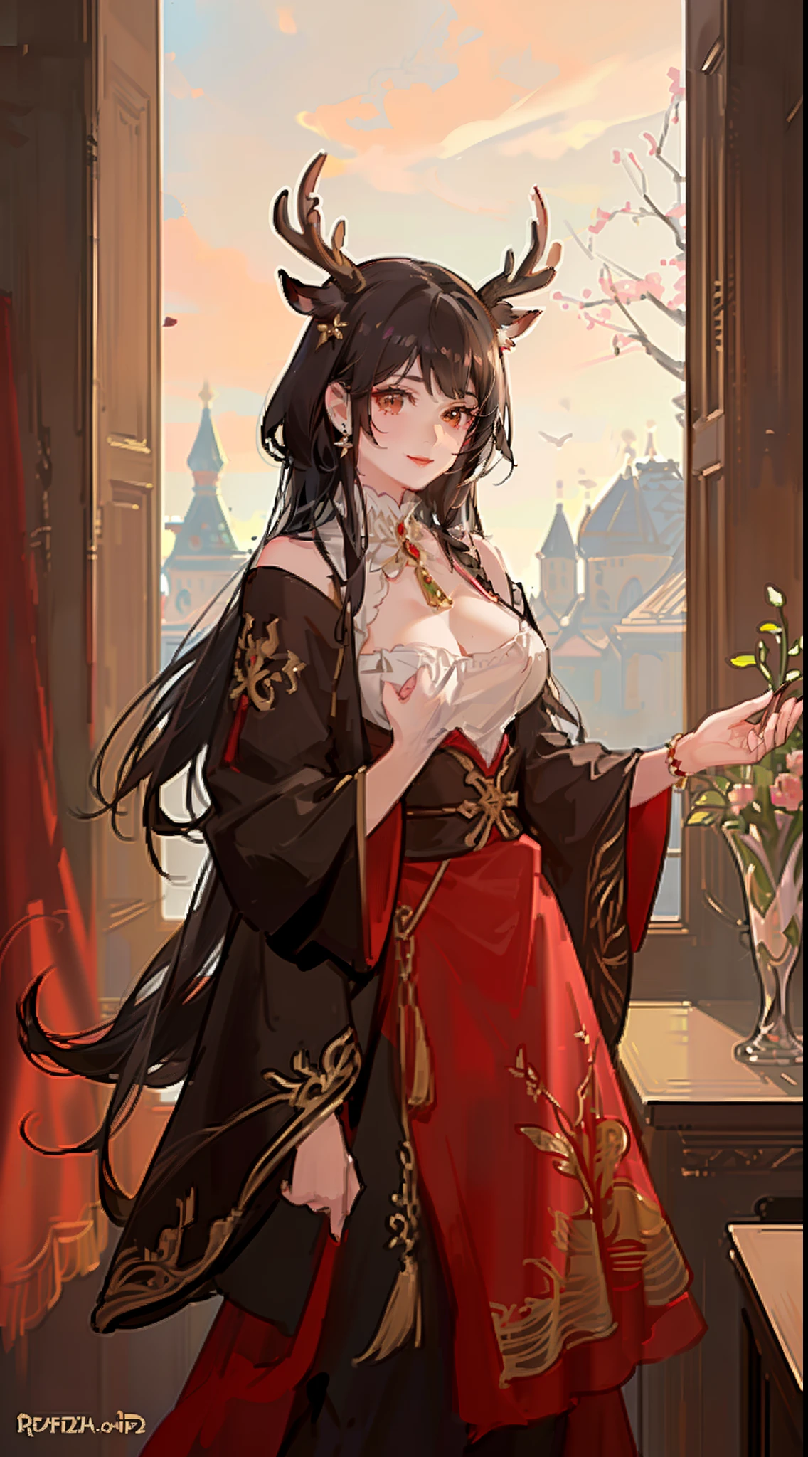 Adult woman, Long black hair, Deer antlers, Brown eyes, Lush breasts, Russian peasant clothing, red lipstick, Smile, Masterpiece, hiquality