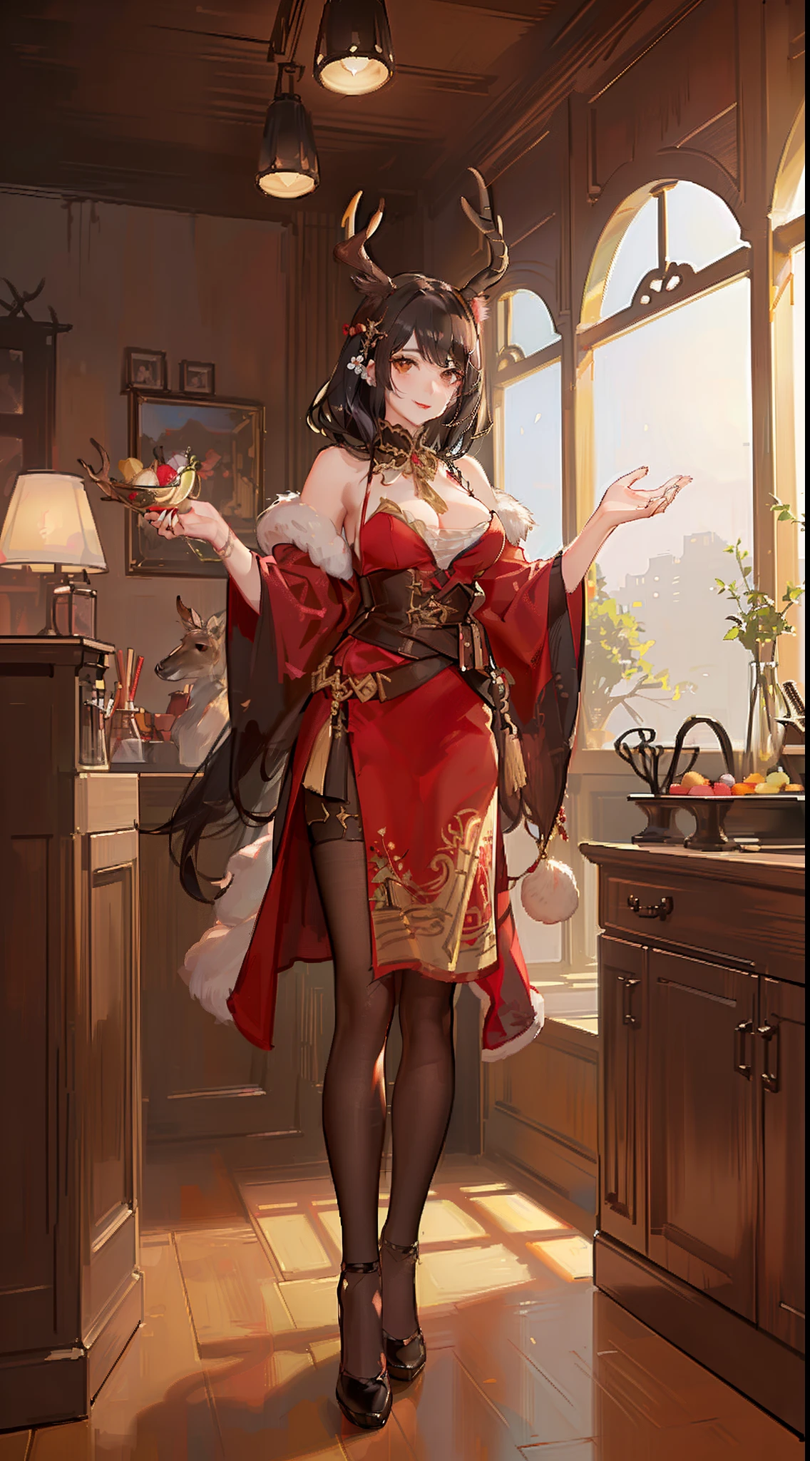 Adult woman, Long black hair, Deer antlers, Brown eyes, Lush breasts, Russian peasant clothing, red lipstick, Smile, Masterpiece, hiquality