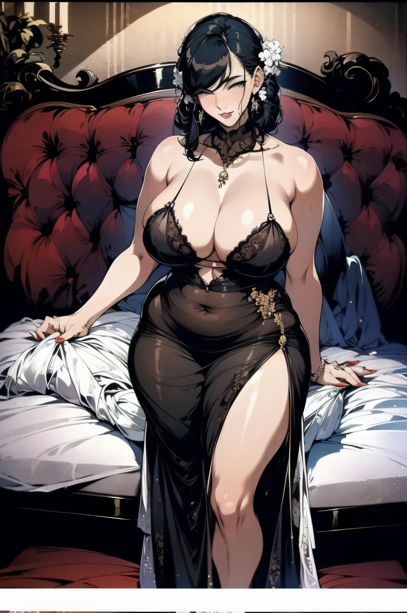 A beautiful mature woman stands quietly in a gorgeous bedroom。She is plump,big breasts slightly fat,Exudes confidence and charisma。She wears a gorgeous pearl necklace,Delicate earrings sparkle on the ears,The nose is inlaid with chic nose rings,The lips are also embellished with sparkling lip rings。 She wears a black and white maid outfit,The clothes fit,Show off her charming curves。Black dress with white lace,It adds a touch of elegance and charm to her。She wore an apron around her waist,The bow is tied,It also shows that her figure is delicate and charming。 The décor of the bedrooms is luxurious and exquisite,Ornate murals hang on the walls,The bed was covered with snow-white silk sheets,At the head of the bed is a delicate jade porcelain vase,It was filled with flowers。The room is illuminated by a soft light,Exudes a warm and tranquil atmosphere。 Woman standing in bedroom,There was a hint of confidence and mystery in his eyes。。She may be the master's caring maid,Or a rich wife。Regardless of capacity,She showed nobility and elegant taste,As well as attention to detail。 In this gorgeous bedroom,She seems to be a work of art,Exudes a unique charm and charm。She stood there quietly,As if waiting for something,Or gaze into the distance of infinite possibilities。The scene is full of artistic atmosphere and romantic feelings,Bring people unlimited reverie and imagination。
