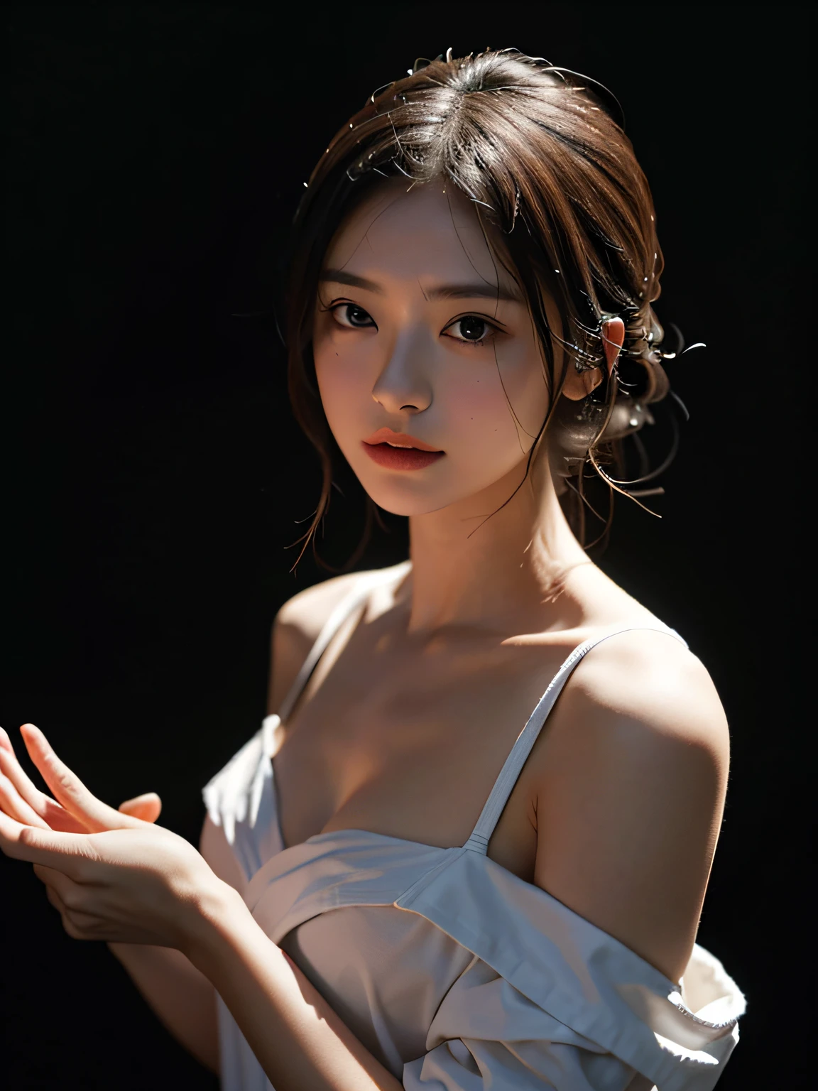 best qualtiy,tmasterpiece,超高分辨率,(真实感:1.4),RAW photogr,1girll,cropped shoulders,in the darkness nigth,deep shading,low tune,cold light,head portrait,He had sashimi on him, Half-prayer words were written on his body
