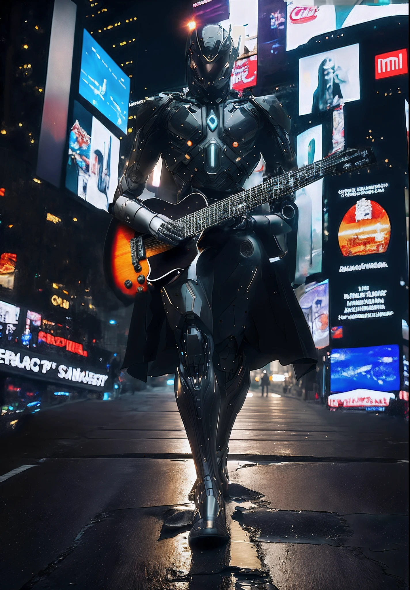 robot playing black guitar hyper realistic technological, full hd