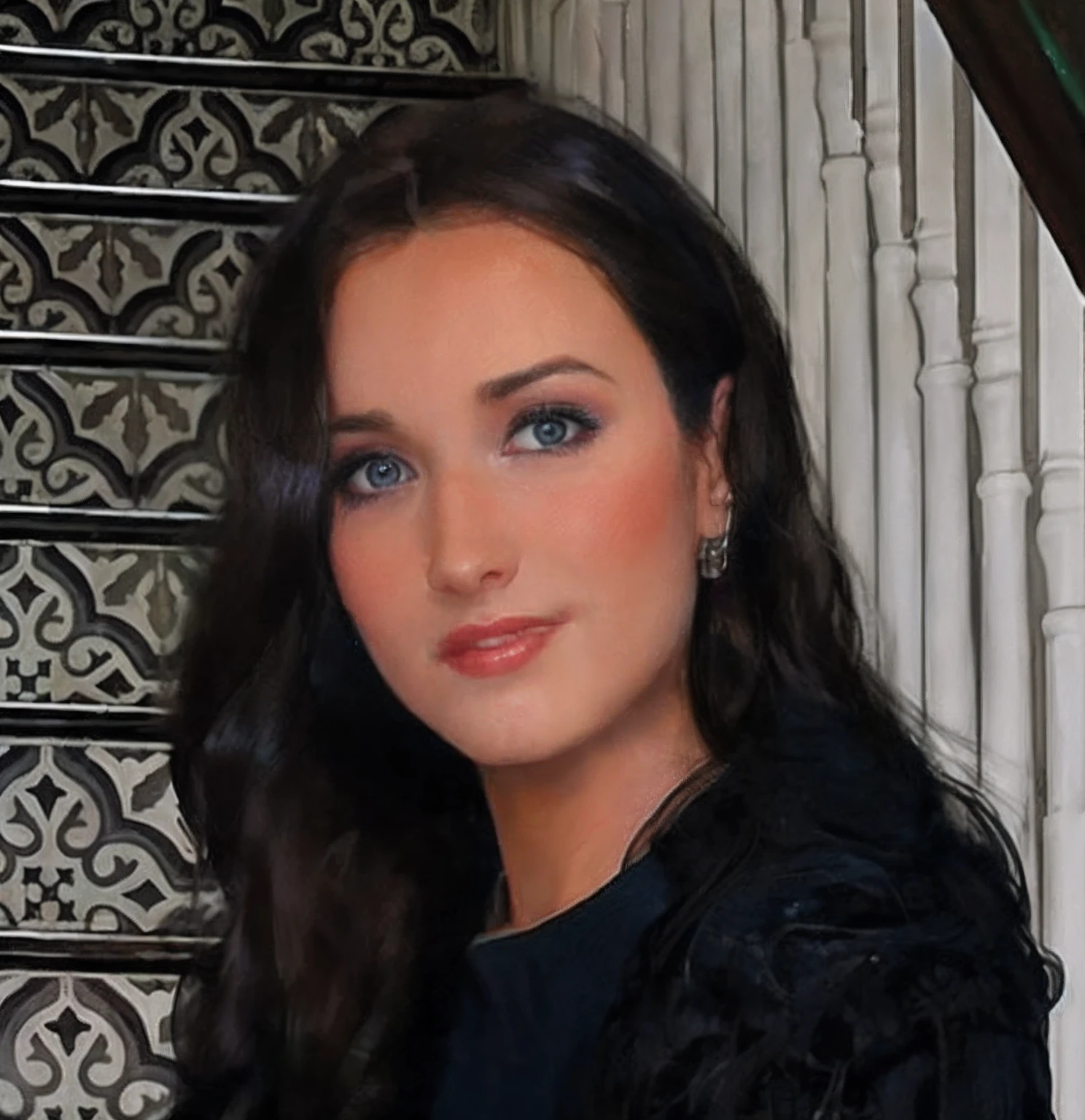 arafed woman with long dark hair and blue eyes standing in front of a staircase, ana de la reguera portrait, by Arabella Rankin, valentina remenar, profile image, viktoria gavrilenko, olga buzova, alina ivanchenko, portrait sabrina lloyd, mina petrovic, tiffany dover, by Maggie Hamilton, jodie bateman, olivia kemp