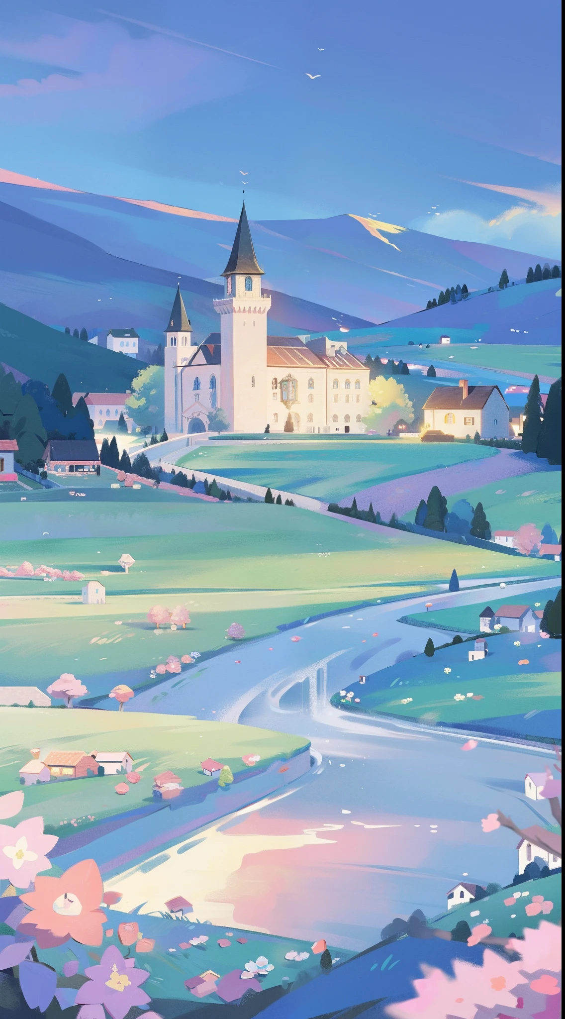 masterpiece, best quality, 8k resolution, sharp focus, intricate detail, beautiful landscape, fantasy storybook castle, magical landscape, colorful, whimsical, magical, high resolution, fine details, fantasy, lake, flowers, garden, village, (huge castle), colorful beautiful sky