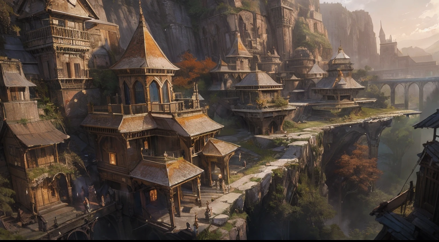 "(by Greg Rutkowski: 1.2), (masterpiece), (best quality), extremely delicate and beautiful, illustration, (fantasy landscape), depth of field, HDR, intricate, delicate, (No human presence), photorealistic depiction, live action feel, creating a visual masterpiece with the best possible quality. (Highlighting the fantastic elements of dwarven city, emphasizing the effects of collapse and severe weathering). Providing a distant view that captures the grandeur and atmosphere."