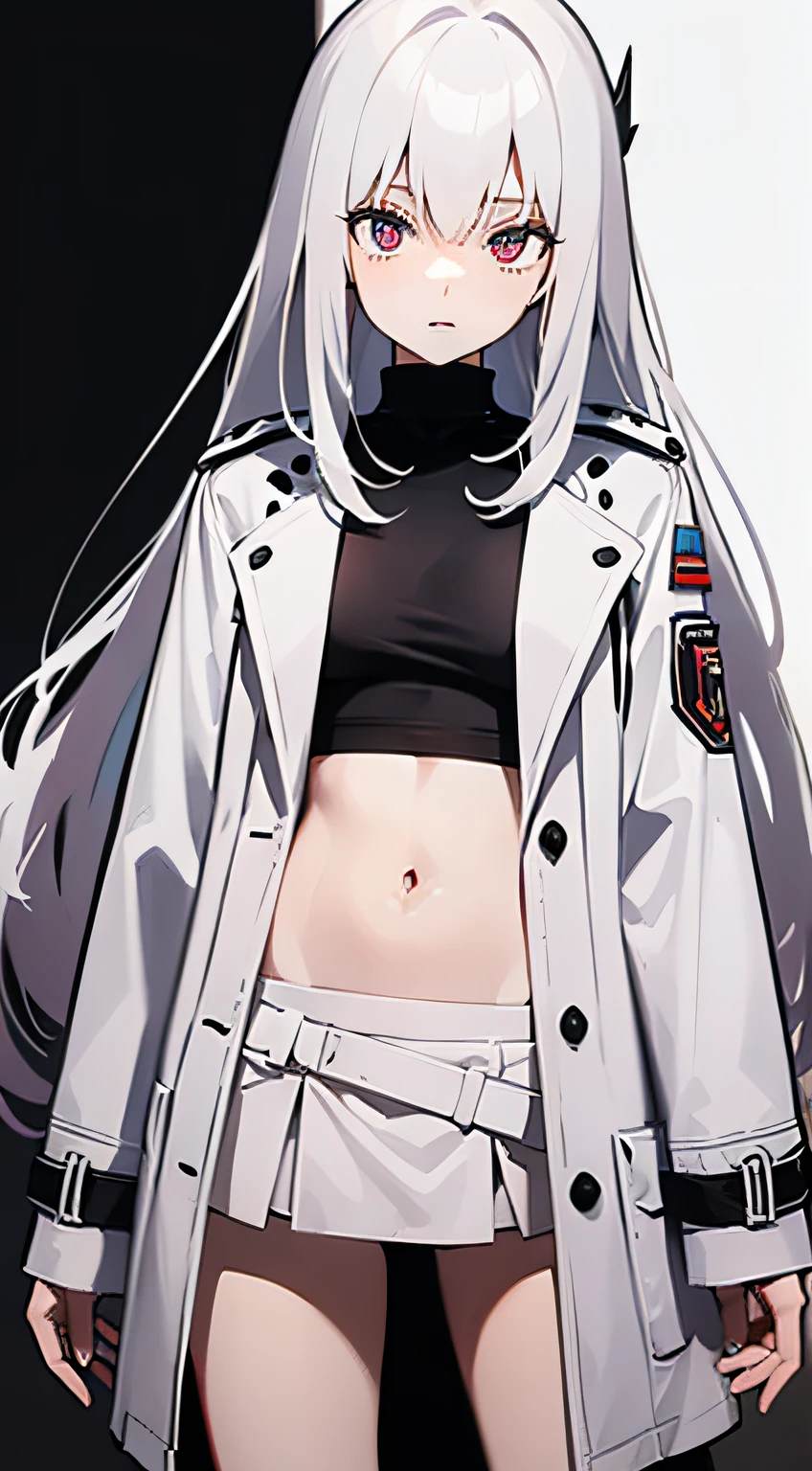 Anime shoujo,Canary anthropomorphism,Master masterpieces,White open-belly T-shirt,a black trench coat,red color eyes,White color hair,long whitr hair,solo person