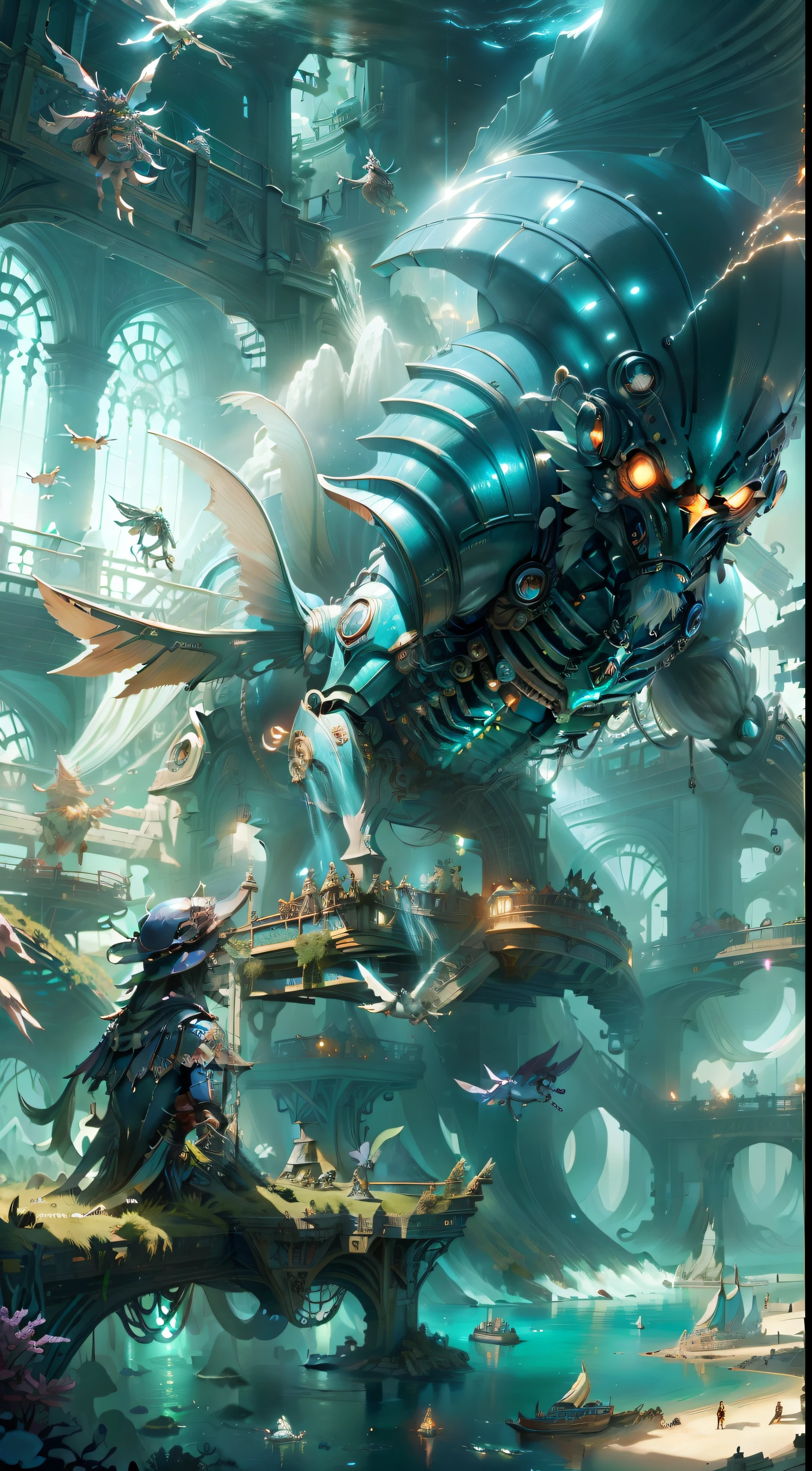 The scene is at the bottom of the sea,Mutant monsters,dive,searchlight,fish flocks,Pokémon, Mechaization, Cool, Figures, surrealism,Cinematic lighting, Sparkle, tachi-e, hyper HD, Anatomically correct, Masterpiece, High details, A high resolution