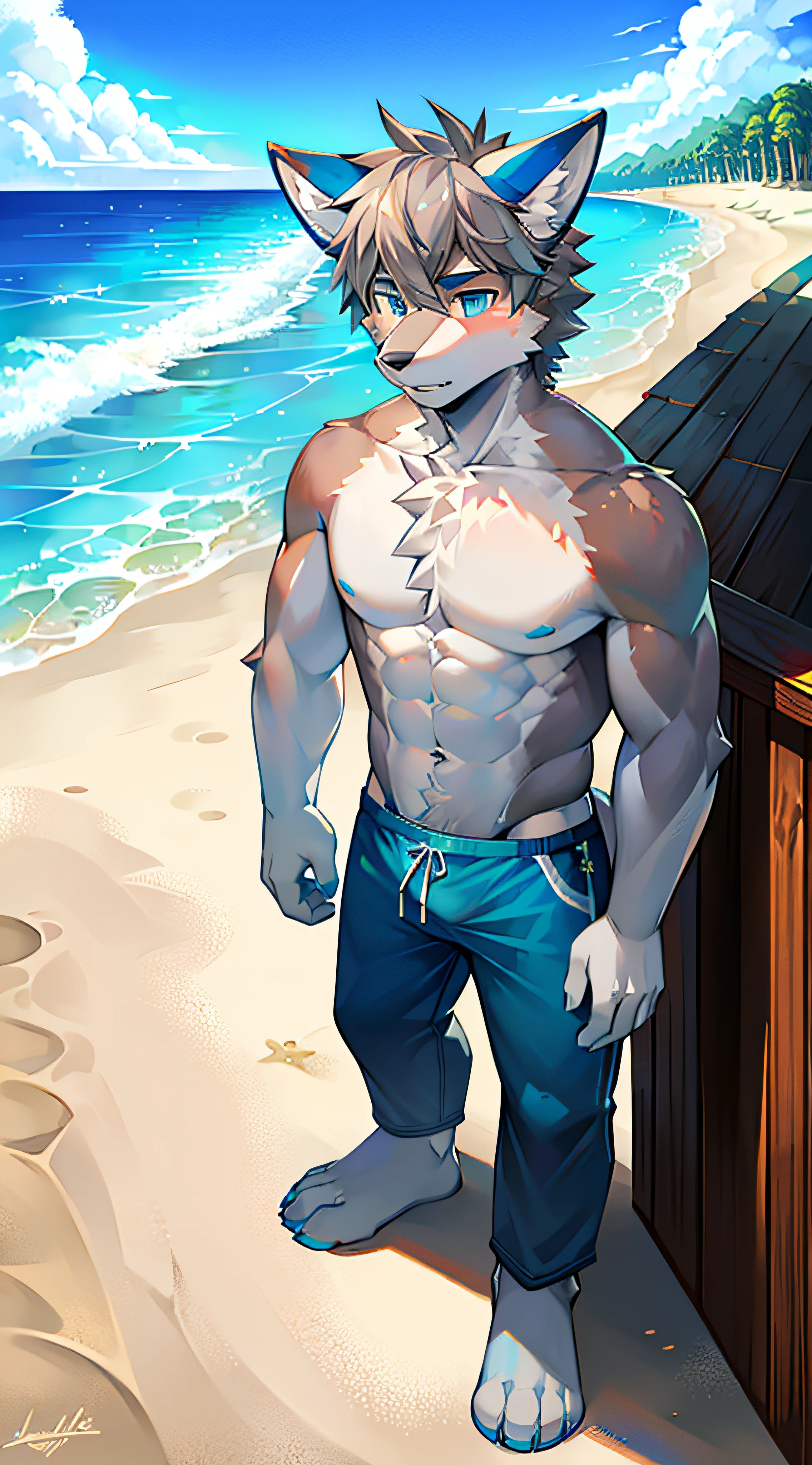 Single, Muscular, grey body, White belly, On the sandy beach,Wolf ears, Wolf tail, frontage,Short hair,Sunshine,Blue pattern swim trunks,beach,Ocean,high qulity,blue color eyes,Gray hair,high qulity,nakeness