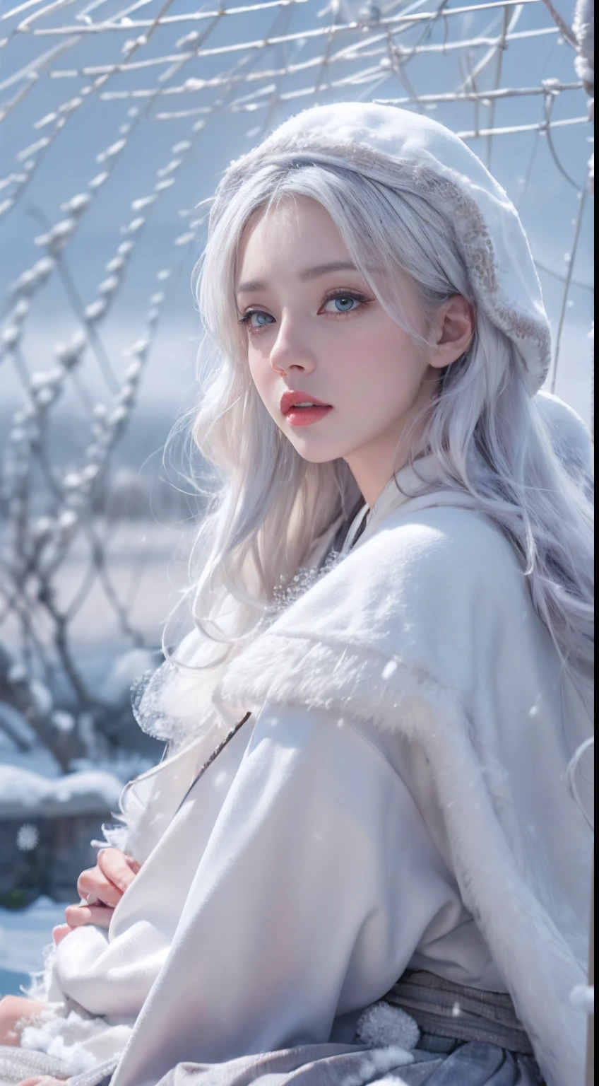 (8K, RAW photo, Photorealistic:1.4), high resolution, 1 Women, Solo,。.。.。.3D,Sitting,(ta costume),Wear a flowing skirt, Beautiful eyes, White hair, ringed eyes, (sitted,Cloak,Cover with snow,Heavy snow:1.3),snowfield