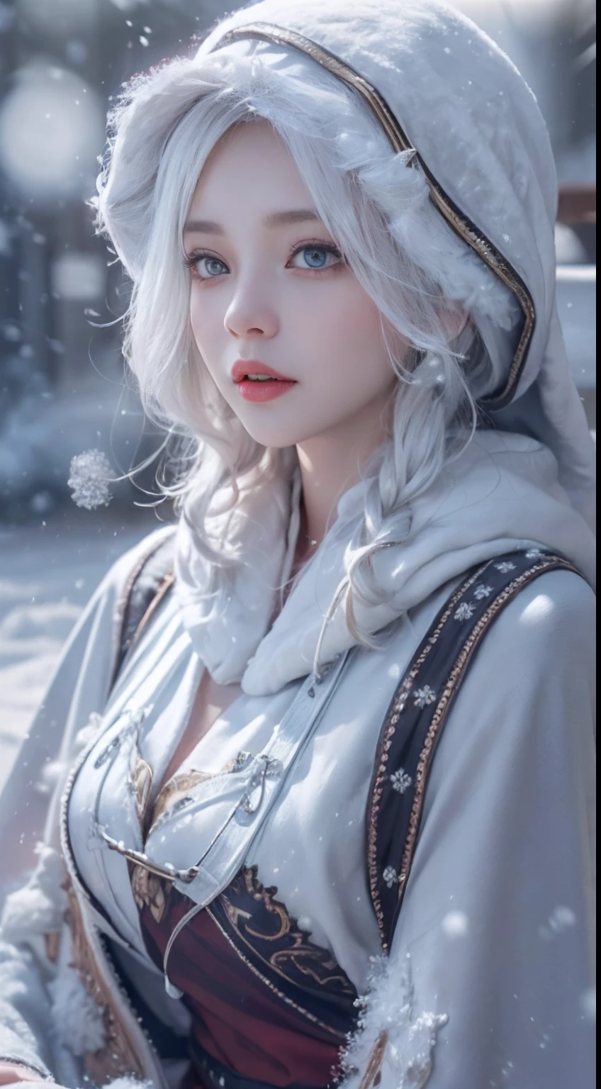 (8K, RAW photo, Photorealistic:1.4), high resolution, 1 Women, Solo,。.。.。.3D,Sitting,(ta costume),Wear a flowing skirt, Beautiful eyes, White hair, ringed eyes, (sitted,Cloak,Cover with snow,Heavy snow:1.3),snowfield