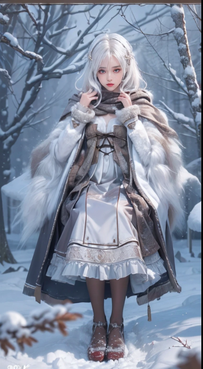 (8K, RAW photo, Photorealistic:1.4), high resolution, 1 Women, Solo,。.。.。.3D,Sitting,(Lolita costume),Wear a flowing skirt, Beautiful eyes, White hair, ringed eyes, (sitted,Cloak,Cover with snow,Heavy snow:1.3),snowfield