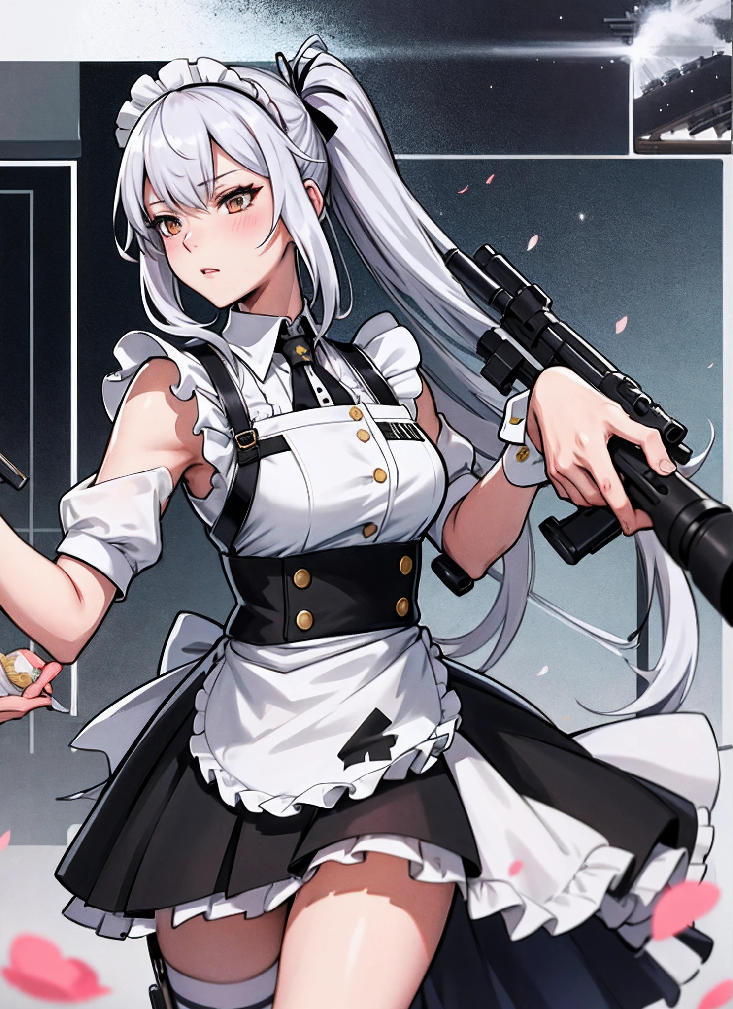 (top-quality:1.2)、(top-quality:1.2)、Ultra-fine animation、Maid girl posing on battlefield、The background is the deck of a battleship、Maid clothes are based on black and white、Twin-tailed、holding the sniper rifle、Combat stance、Best 4K Wallpapers、Trending on CGSTATION、Trending on Art Station pixiv、Seductive Maiden、GWISE AT PIXIV ART STATION、from girls frontline