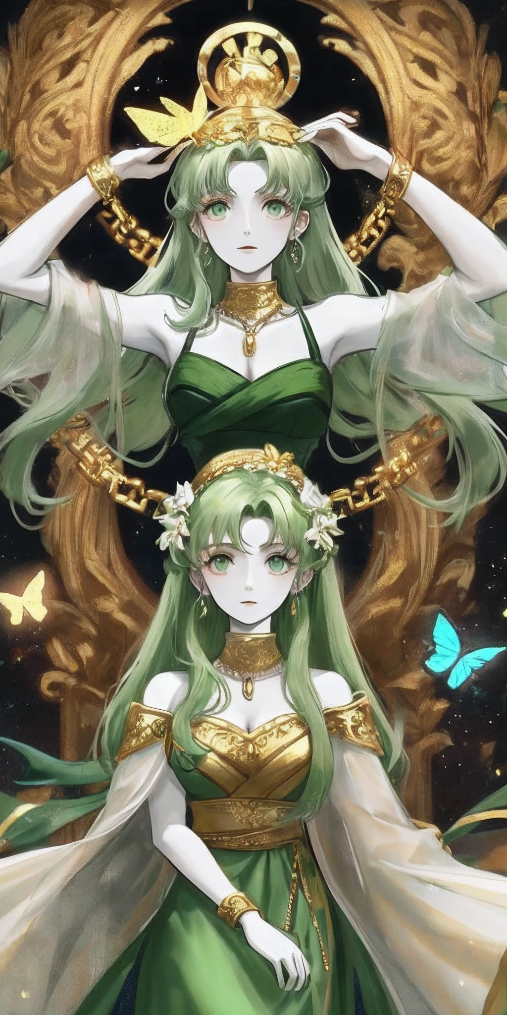 Pale green hair,There are butterflies,Wears diamond-shaped ornaments in light green and dark green,Pale green Greek style long dress,There are gold chains on the head and arms of the group