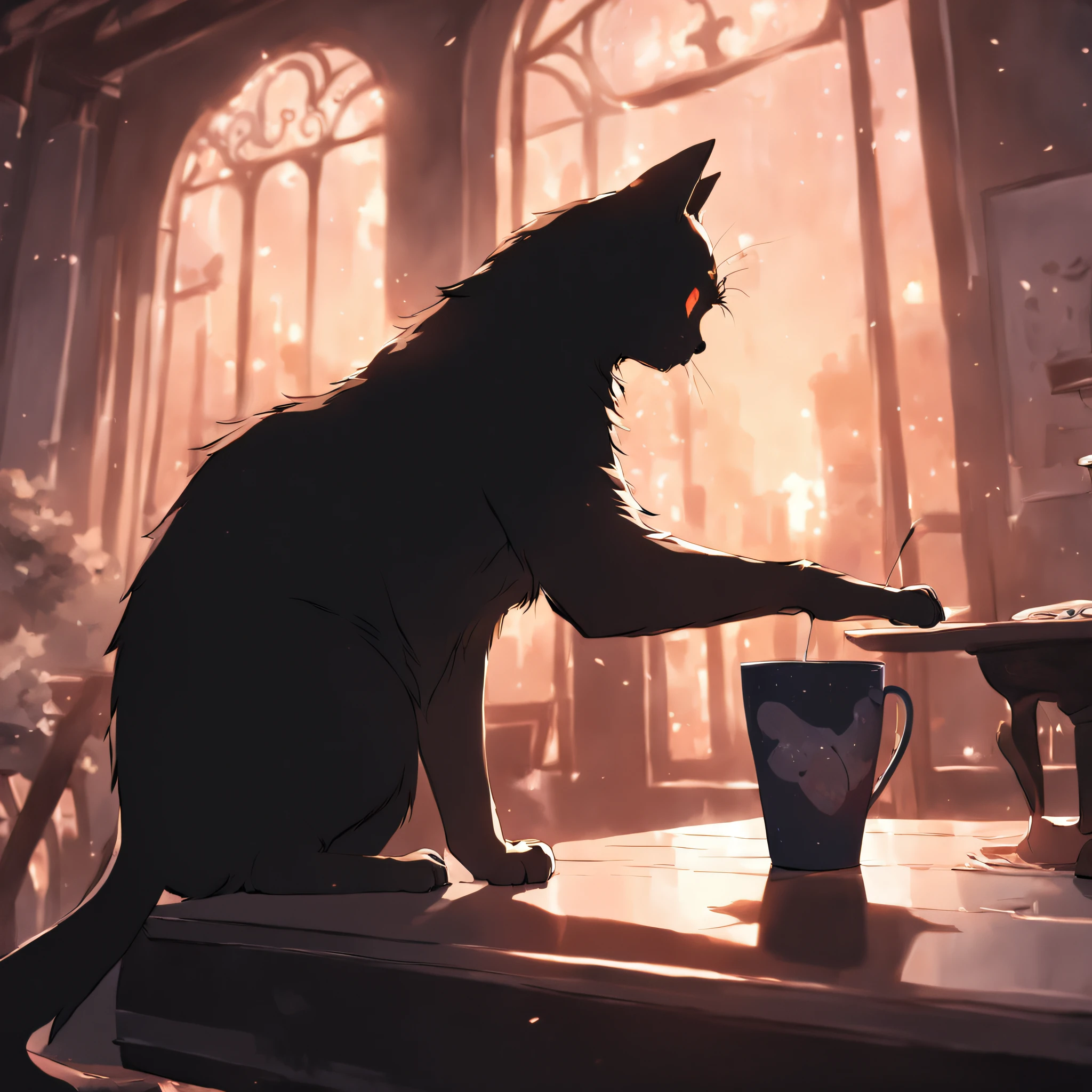 silhouette of a cat pushing a coffee cup off the top of a table