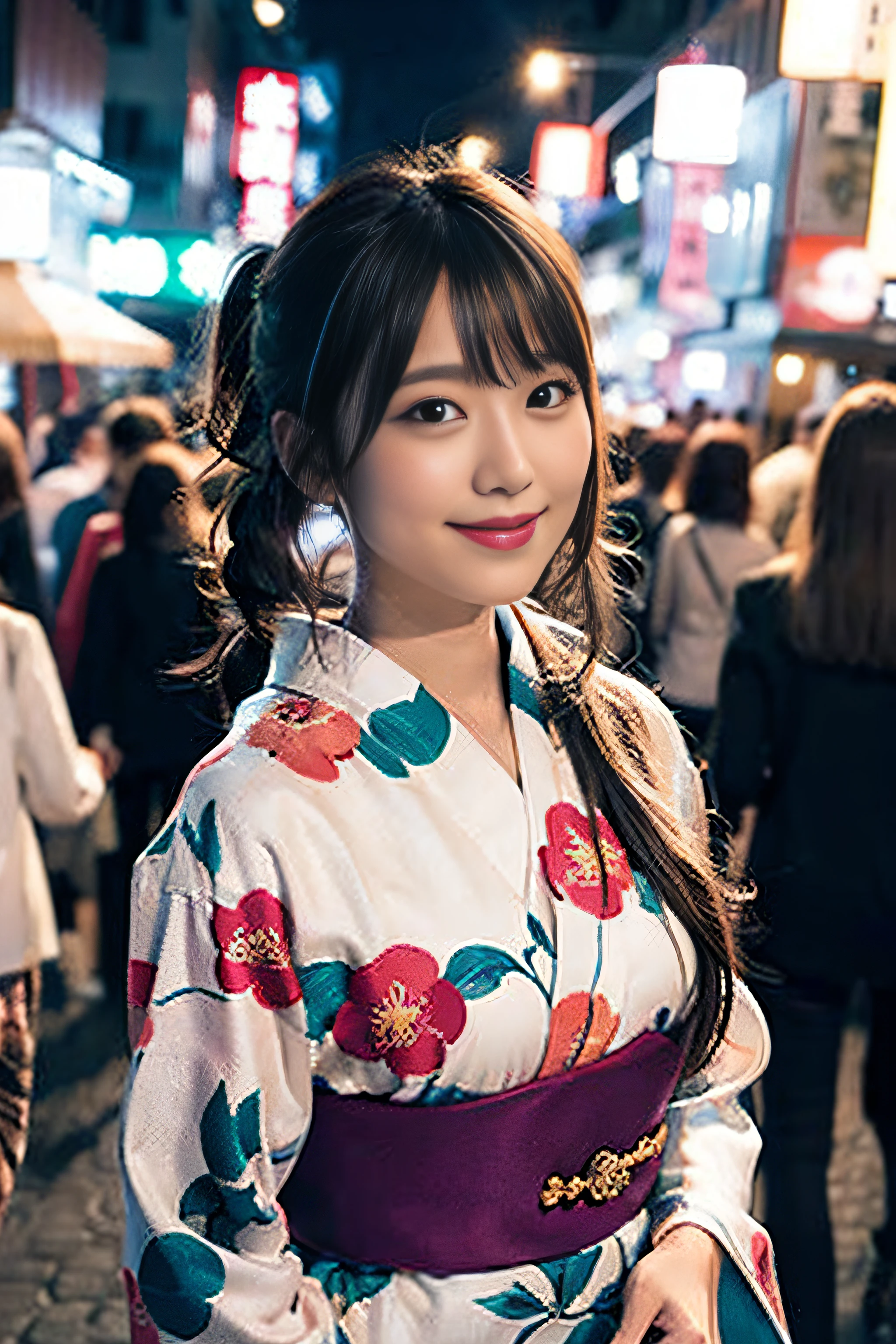 (8K、Raw photography、top-quality、masterpiece:1.2)、(realisitic、Photorealsitic:1.37)、ultra-detailliert、超A high resolution、女の子1人、see the beholder、beautifull detailed face、A smile、Constriction、(Slim waist) :1.3)、Beautiful detailed skin、Skin Texture、Floating hair、Professional Lighting、Whole human body、Longhaire、(a blond)、Japan floral yukata、matsuri、In the street、sparklers、poneyTail