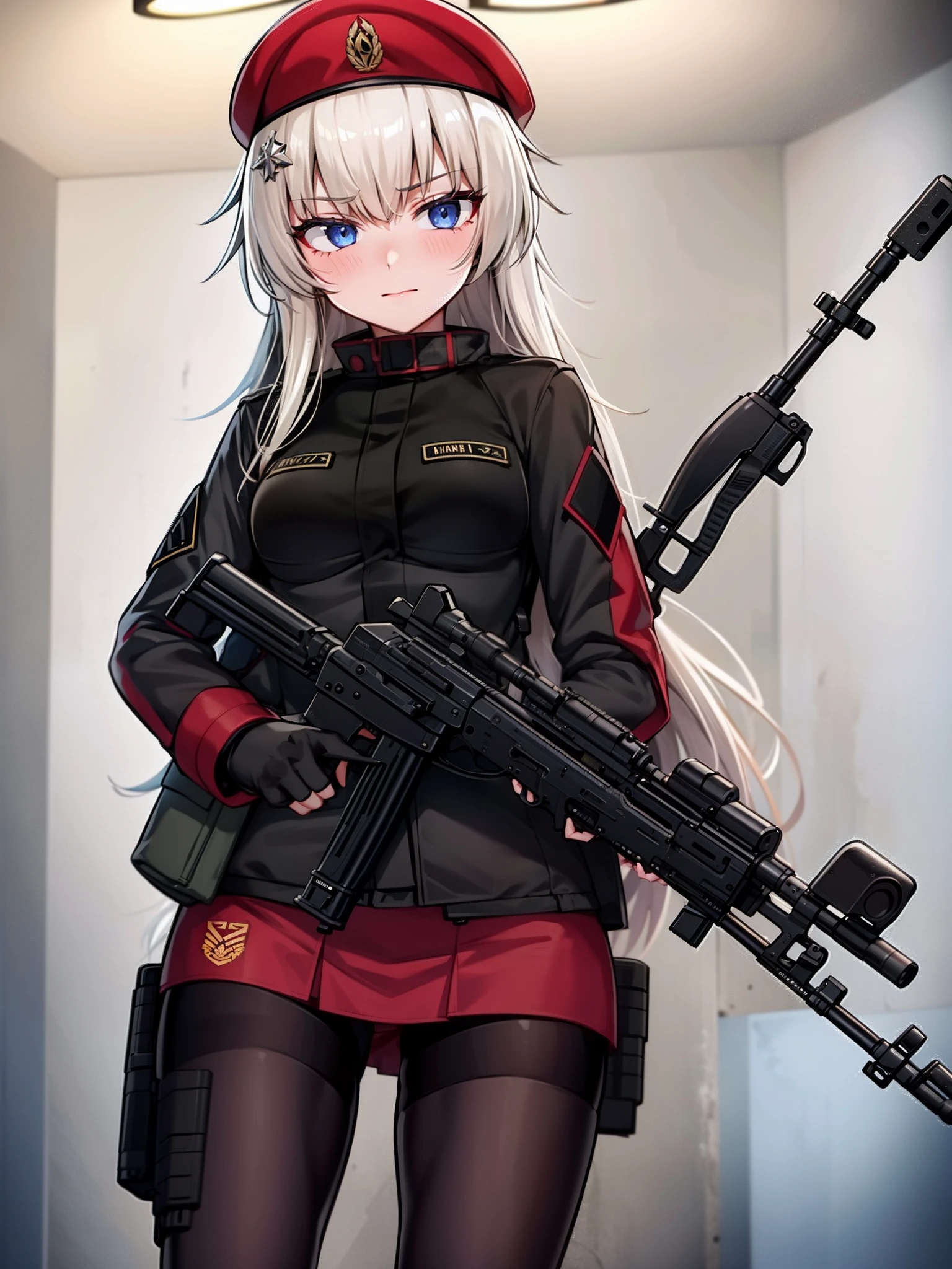 1 girl, AK-74M, submachine gun, walkie-talkieshooting, in the dark warehouse, black clothes, special operations, special force, cinematic action, dynamic