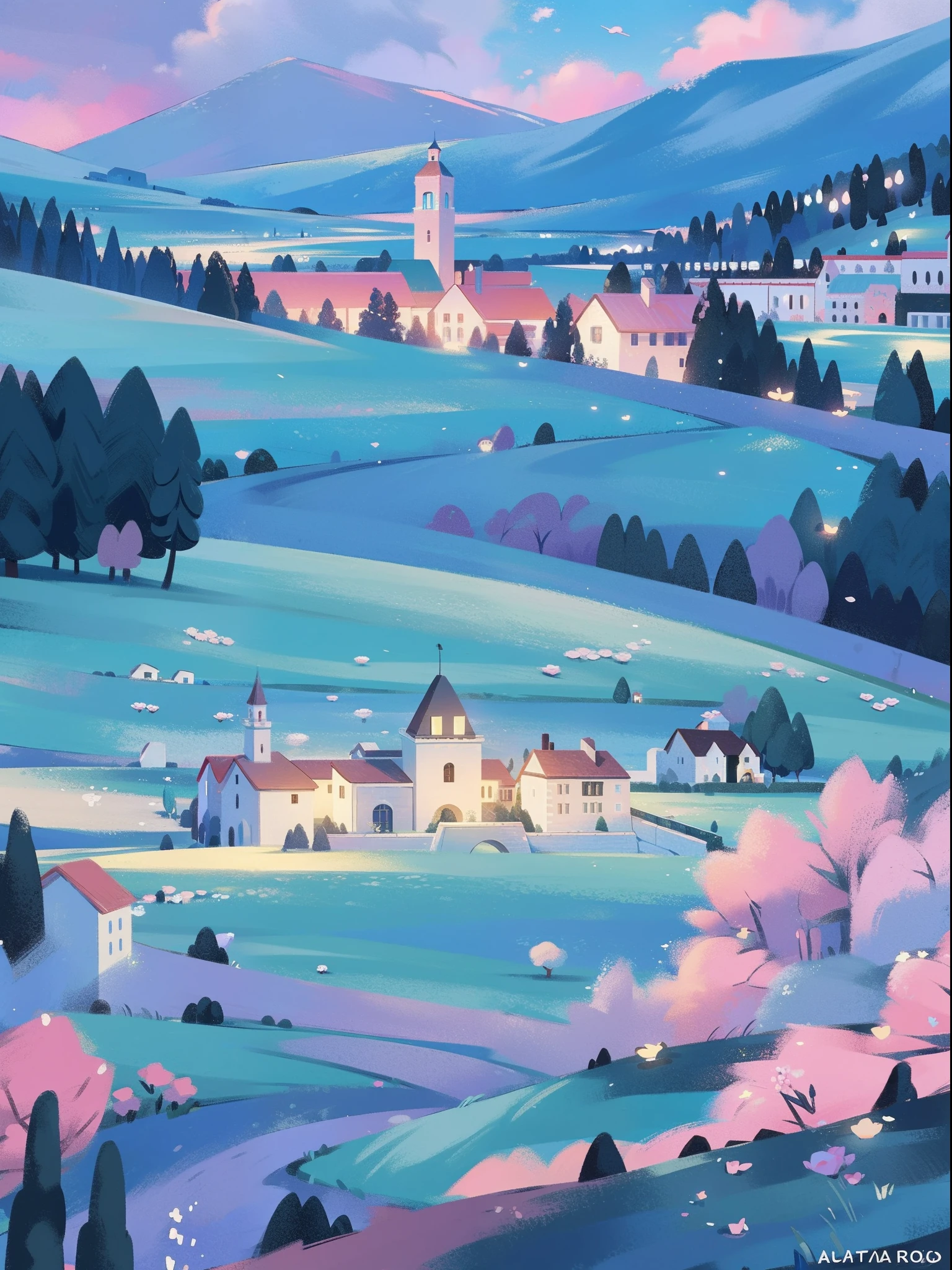 masterpiece, best quality, 8k resolution, sharp focus, intricate detail, beautiful landscape, fantasy storybook castle, magical landscape, colorful, whimsical, magical, high resolution, fine details, fantasy, lake, flowers, garden, village, (huge castle), colorful beautiful sky