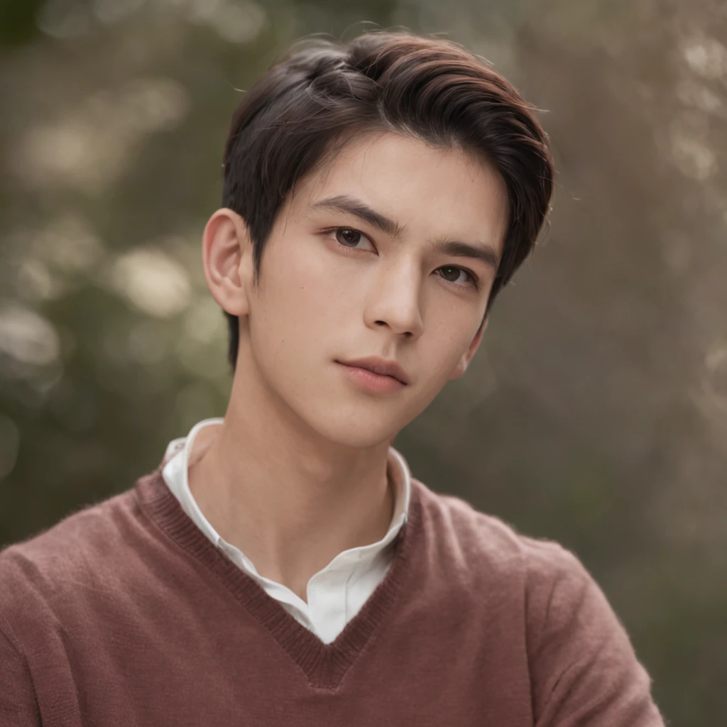 (8K, Raw photo, Best Quality: 1.4), (1boys), Beautiful face, (Realistic face), (Black hair, Short hair:1.3), Nice hairstyle, Realistic eyes, Nice detail eyes, (Realistic skin), Beautiful skins, (Red Sweater), absurd res, enticing, 超A high resolution, Ultra photo realsisim, Very detailed, the golden ratio, Photorealistic, (masutepiece:1.3)