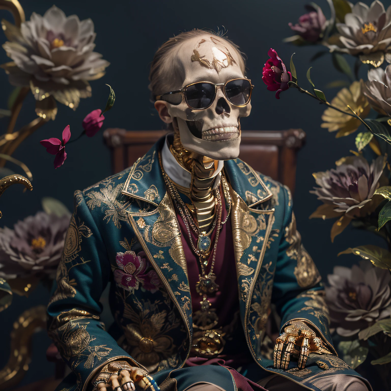 Crocodile pond,32K(tmasterpiece,k hd,hyper HD,32K)Burgundy double ponytail,flower stick,Indigo Skull King ,Hold the heavy wooden steering wheel (The skeleton is realistic:1.4),Crocodile pattern robe,Rusty skull ornaments,Sargin linen cloak,Petals flutter,Deep gold sunglasses,Hold your head high,Be proud,The nostrils look at people,A primary and secondary school student, A high resolution,Xueba, the detail, RAW photogr, Sharp Re, Nikon D850 Film Stock Photo by Jefferies Lee 4 Kodak Portra 400 Camera F1.6 shots, Rich colors, ultra-realistic vivid textures, Dramatic lighting, Unreal Engine Art Station Trend, cinestir 800,Hold your head high,Lateral face,Be proud,The nostrils look at people,Tsundere,Petals flutter,Petals flutter,Crocodiles sprinkled with gold dust,Fluttering,Impeccable,( reasonable design, Clear lines, High sharpness,Best quality, Very detailed skeleton, The skeleton of a masterpiece, offcial art, movie light effect, 8K crocodile skeleton(((Platinum marble sunglasses)))Deep gold sunglasses,side portrait
