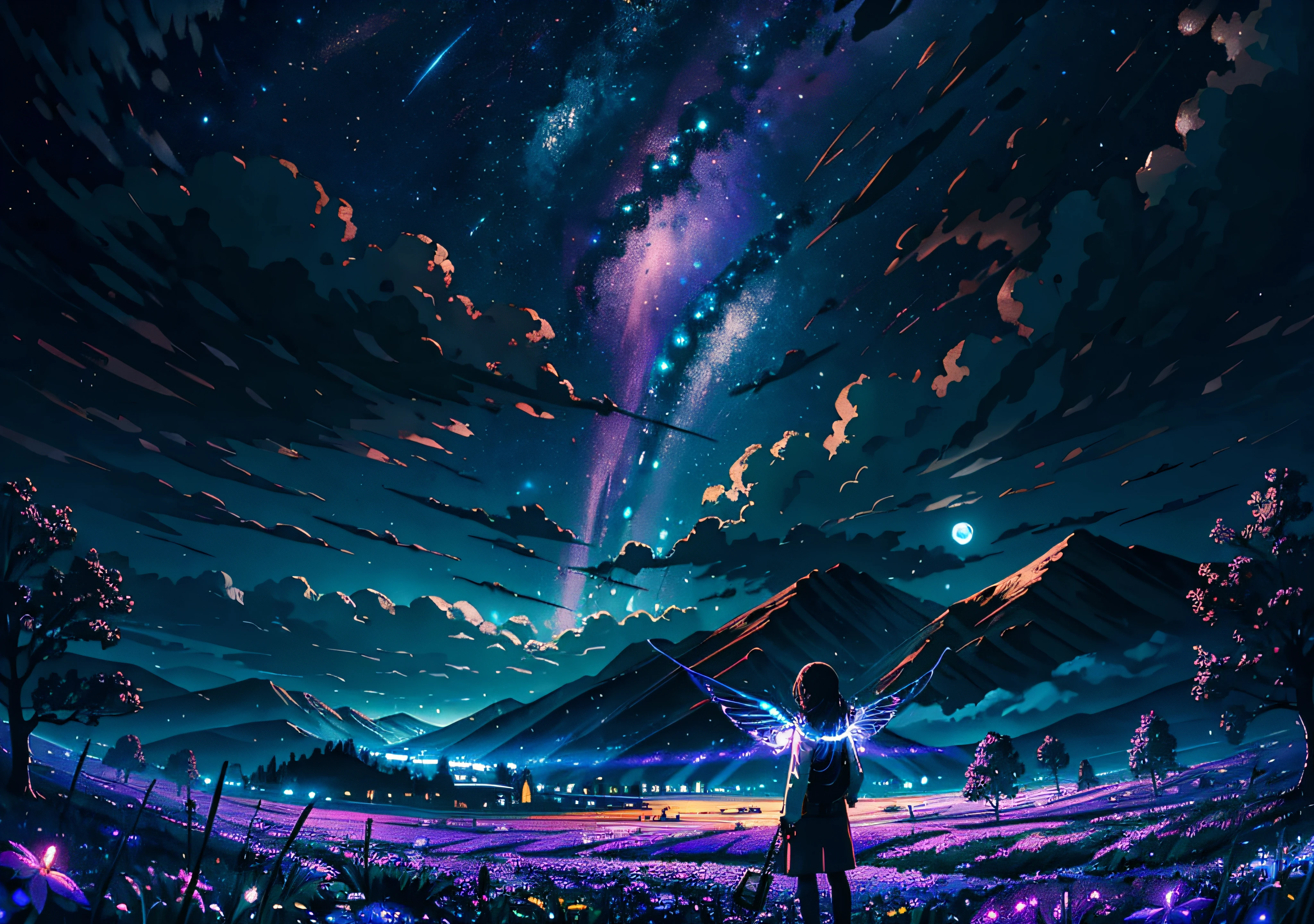 expansive landscape photograph , (a view from below that shows sky above and open field below), a girl standing on flower field looking up, (full moon:1.2), ( shooting stars:0.9), (nebula:1.3), distant mountain, tree BREAK
production art, (warm light source:1.2), (Firefly:1.2), lamp, lot of purple and orange, intricate details, volumetric lighting BREAK
(masterpiece:1.2), (best quality), 4k, ultra-detailed, (dynamic composition:1.4), highly detailed, colorful details,( iridescent colors:1.2), (glowing lighting, atmospheric lighting), dreamy, magical, (solo:1.2)