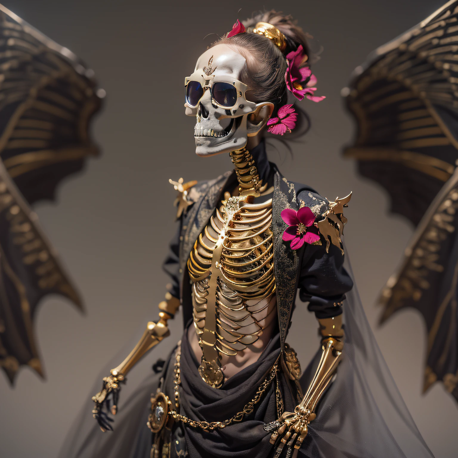 32K squat(tmasterpiece,k hd,hyper HD,32K)Burgundy pink double ponytail(((Wear thick gold-framed reflective sunglasses))),The Silver Skull Jewelry District in the backstreets,Indigo Skull King ,Skeleton protector (The skeleton is realistic:1.4),Skull pattern robe,Silver silk skull flower ornaments,Petals flutter,Colored linen ball head,Hold your head high,Be proud,The nostrils look at people, A high resolution, the detail, RAW photogr, Sharp Re, Nikon D850 Film Stock Photo by Jefferies Lee 4 Kodak Portra 400 Camera F1.6 shots, Rich colors, ultra-realistic vivid textures, Dramatic lighting, Unreal Engine Art Station Trend, cinestir 800,Hold your head high,Be proud,The nostrils look at people,Tsundere,Petals flutter,Petals flutter,Sprinkle with gold dust,Fluttering,Impeccable,( reasonable design, Clear lines, High sharpness,Best quality, Very detailed skeleton, The skeleton of a masterpiece, offcial art, movie light effect, 4K skeleton(((Wear thick gold-framed reflective sunglasses)))Transparent wings,(baton)(Baton in hand)(Giant stick)baton,