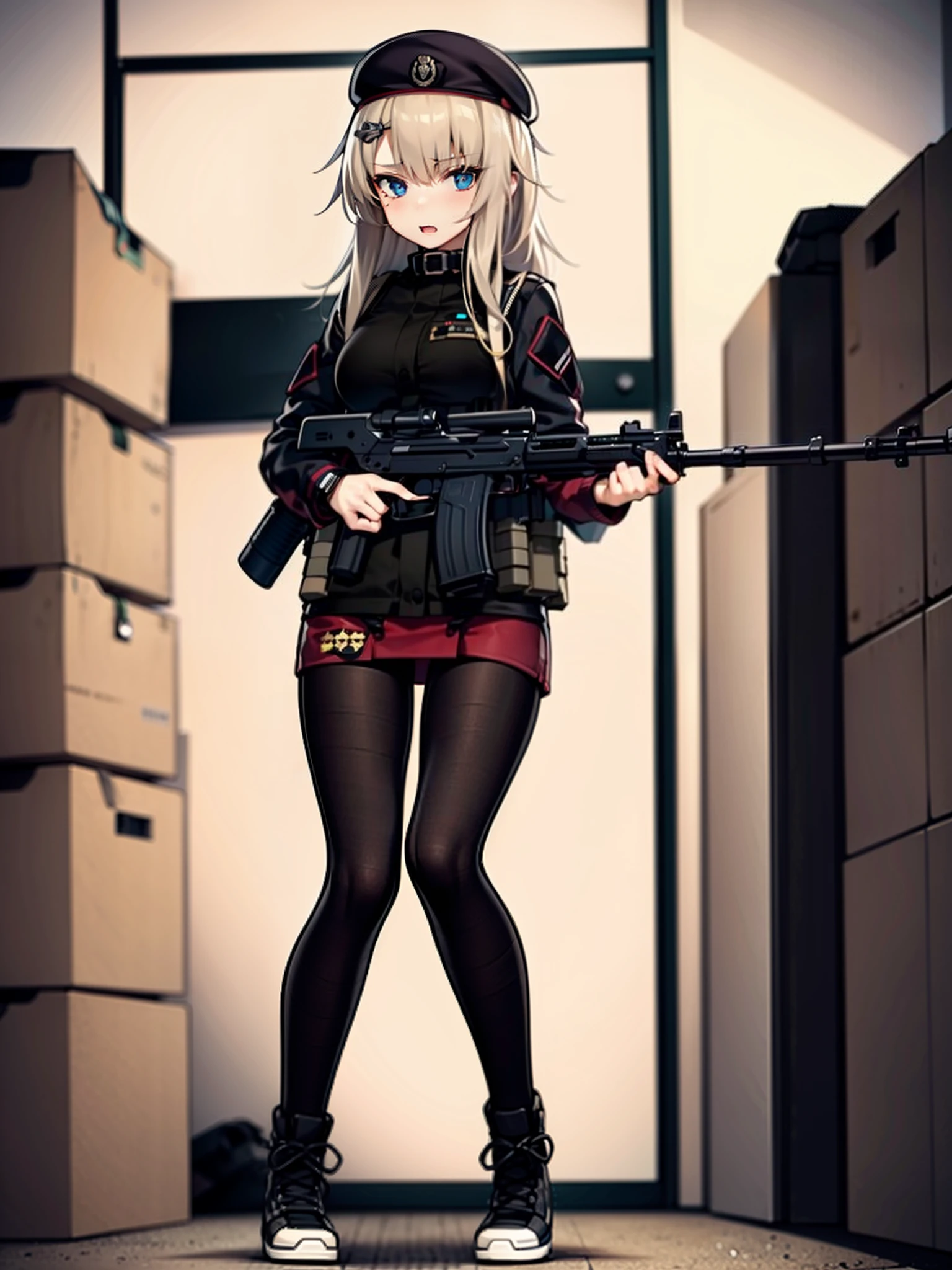 1 girl, submachine gun, walkie-talkieshooting, in the dark warehouse, black clothes, special operations, special force, cinematic action, dynamic