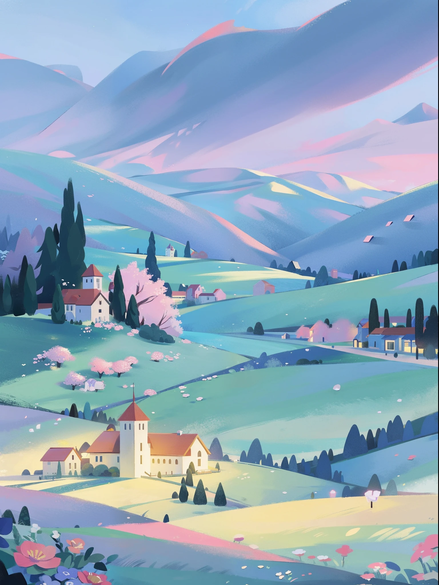 masterpiece, best quality, 8k resolution, sharp focus, intricate detail, beautiful landscape, fantasy storybook castle, magical landscape, colorful, whimsical, magical, high resolution, fine details, fantasy, lake, flowers, garden, village, (huge castle), colorful beautiful sky