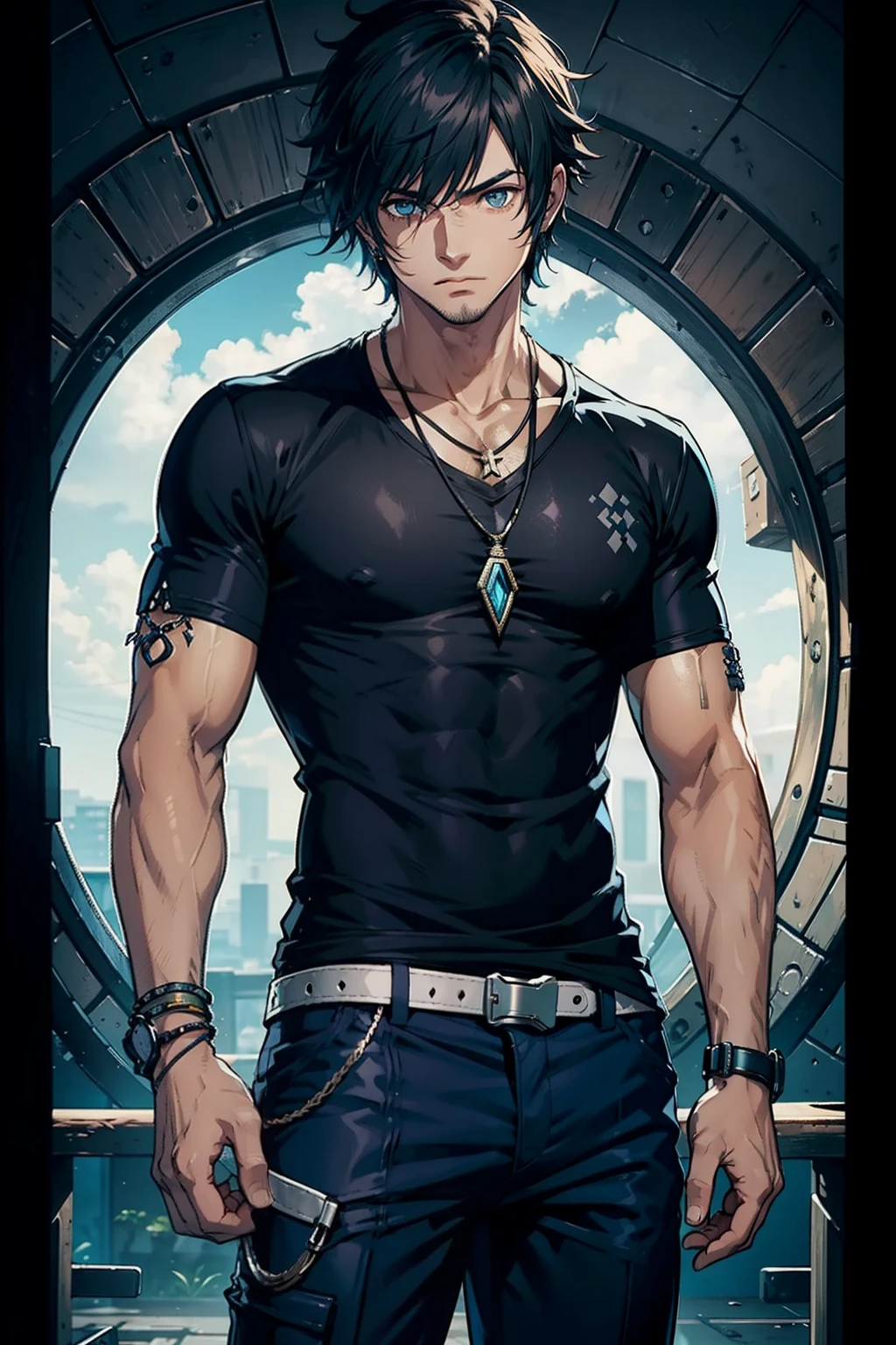 menino novo, Noel Kreiss, Final Fantasy XIII, Camisa Preta, camisa do jogo, blue pants, game pants, Roupas de jogo, em Bodhum, 4k, He wears a black V-neck T-shirt with tribal patterns along with a simple pendant. He wears a leather armband on his left arm, a ring on the right hand, and surrounds the right arm with umbilical cord. He wears large blue sirwal style trousers with decorated hems,