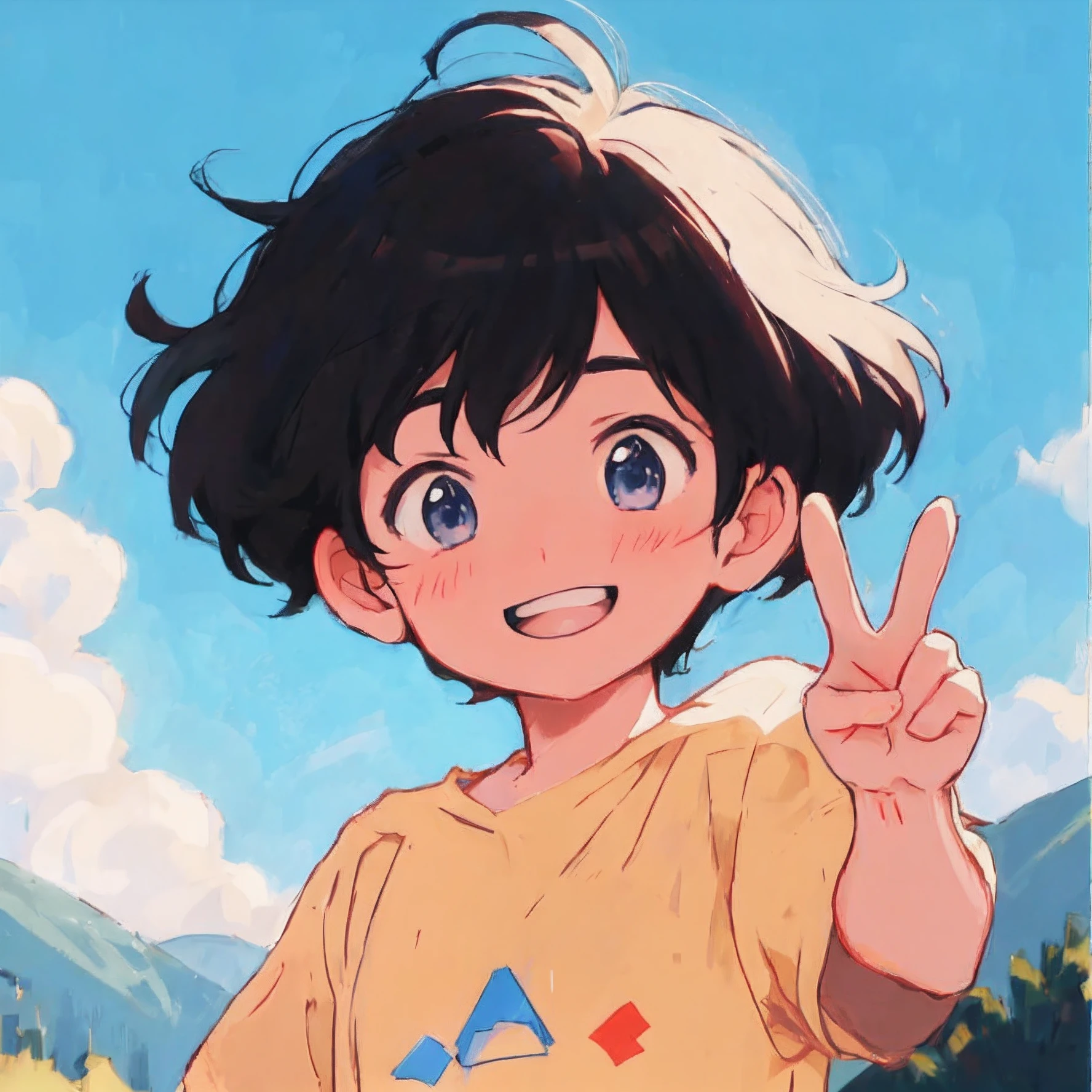 Anime boy has peace sign in front of the mountain, Anime boy, High quality anime art style, Anime art style, anime style character, in an anime style, In anime style, Flat anime style, Anime figure, Digital anime illustration, offcial art, clean and meticulous anime style, Anime moe art style, Anime style portrait, Anime style illustration，The color of the clothes was changed to light blue，Add details in moderation