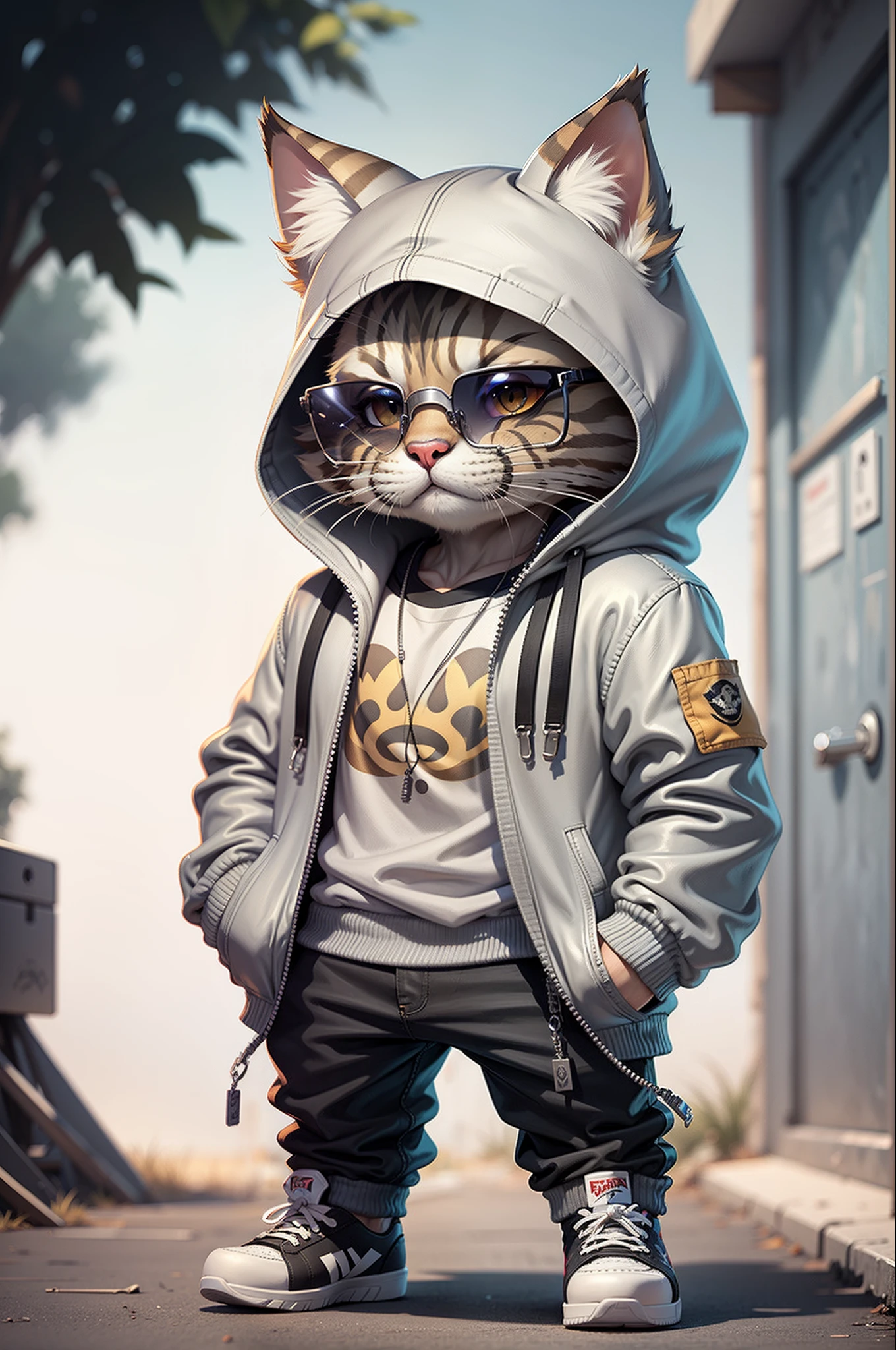 C4tt4stic, Cartoon Silver Tabby cat in jacket and skateboard, Sunglasses,