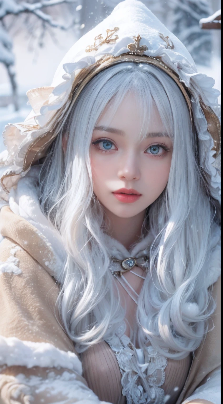 (8K, RAW photo, Photorealistic:1.4)， high resolution, 1 Women, Solo,。.。.3D，Sitting,(Lolita costume)，Wear a flowing skirt， Beautiful eyes, White hair, ringed eyes, (sitted，Cloak，Heavy snow)，snowfield