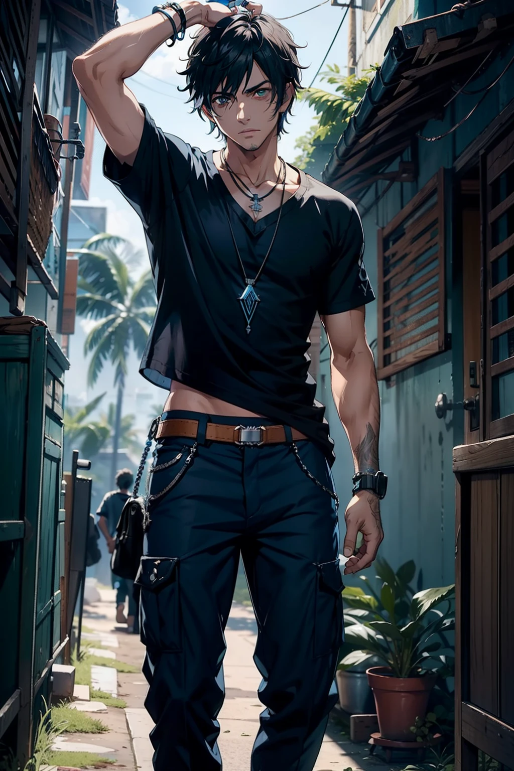 menino novo, Noel Kreiss, Final Fantasy XIII, Camisa Preta, camisa do jogo, blue pants, game pants, Roupas de jogo, em Bodhum, 4k, He wears a black V-neck T-shirt with tribal patterns along with a simple pendant. He wears a leather armband on his left arm, a ring on the right hand, and surrounds the right arm with umbilical cord. He wears large blue sirwal style trousers with decorated hems,