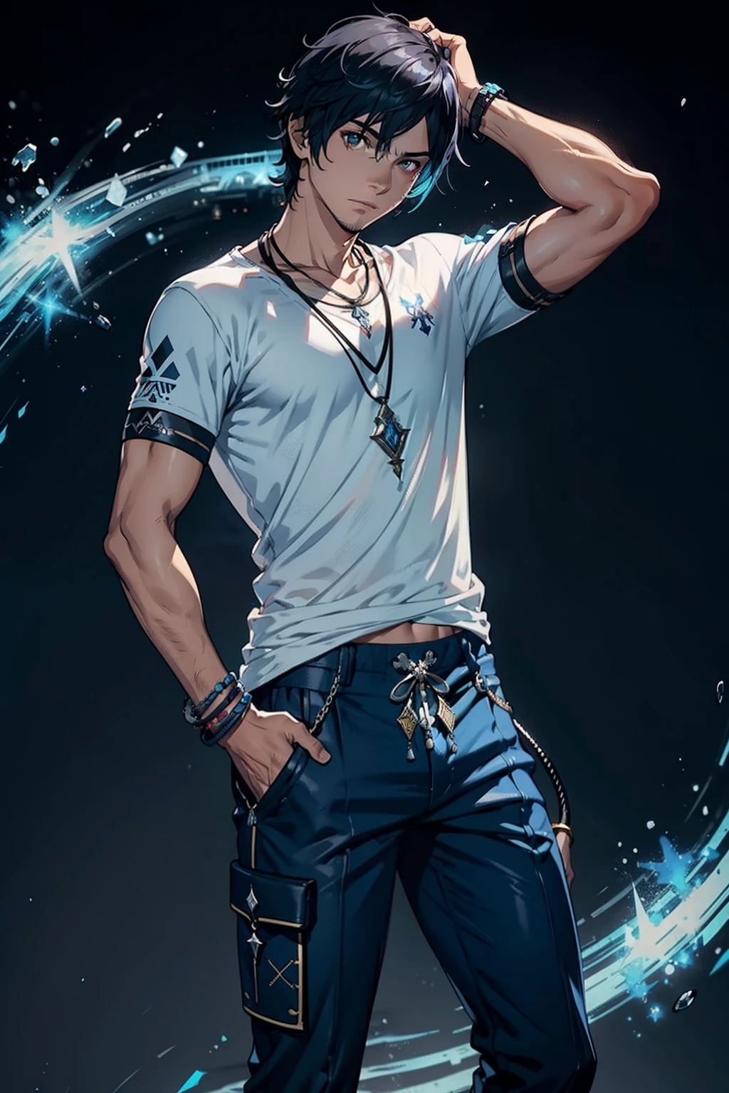 menino novo, Noel Kreiss, Final Fantasy XIII, Camisa Preta, camisa do jogo, blue pants, game pants, Roupas de jogo, em Bodhum, 4k, He wears a black V-neck T-shirt with tribal patterns along with a simple pendant. He wears a leather armband on his left arm, a ring on the right hand, and surrounds the right arm with umbilical cord. He wears large blue sirwal style trousers with decorated hems,