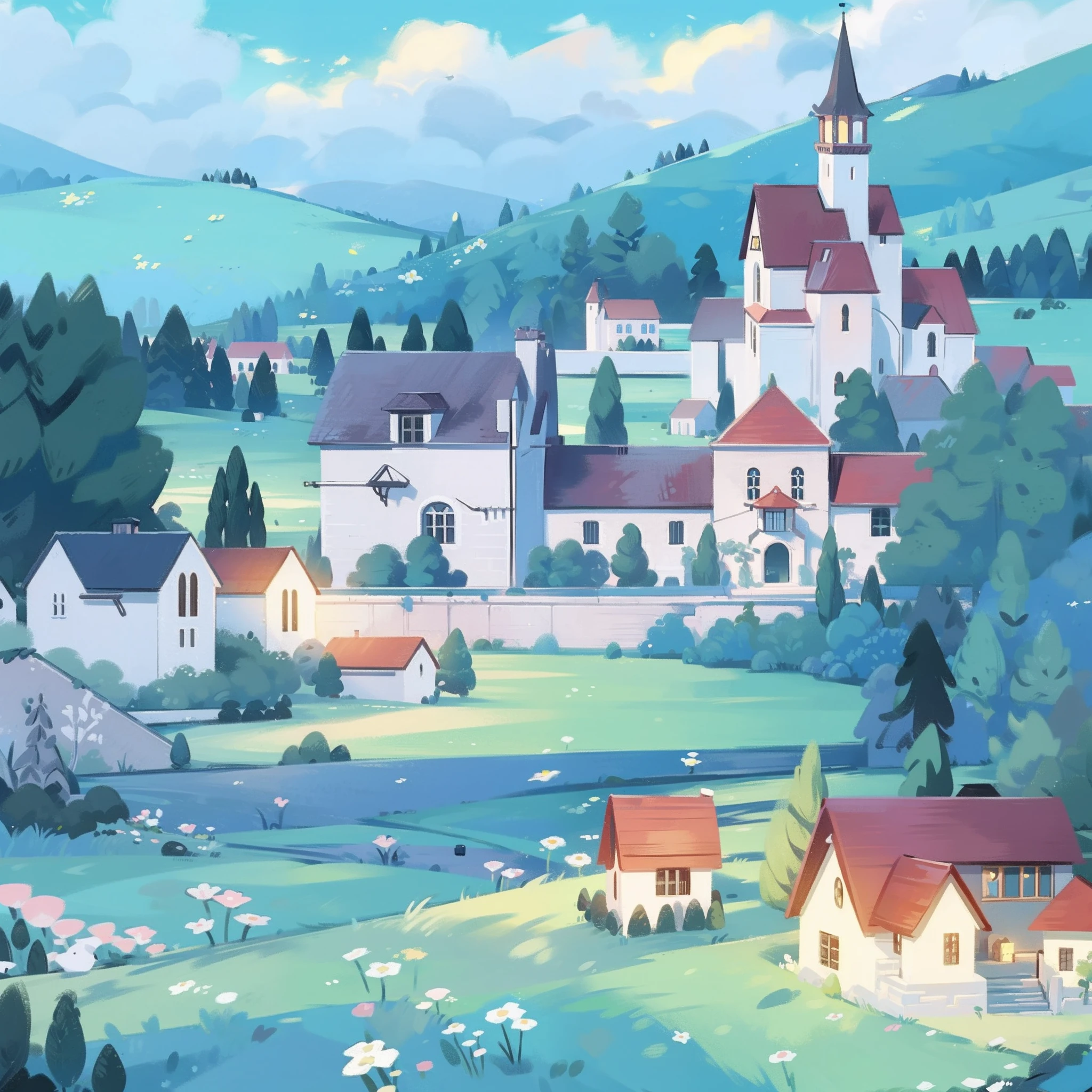 masterpiece, best quality, 8k resolution, sharp focus, intricate detail, beautiful landscape, fantasy storybook castle, magical landscape, colorful, whimsical, magical, high resolution, fine details, fantasy, lake, flowers, garden, village, (huge castle), colorful beautiful sky