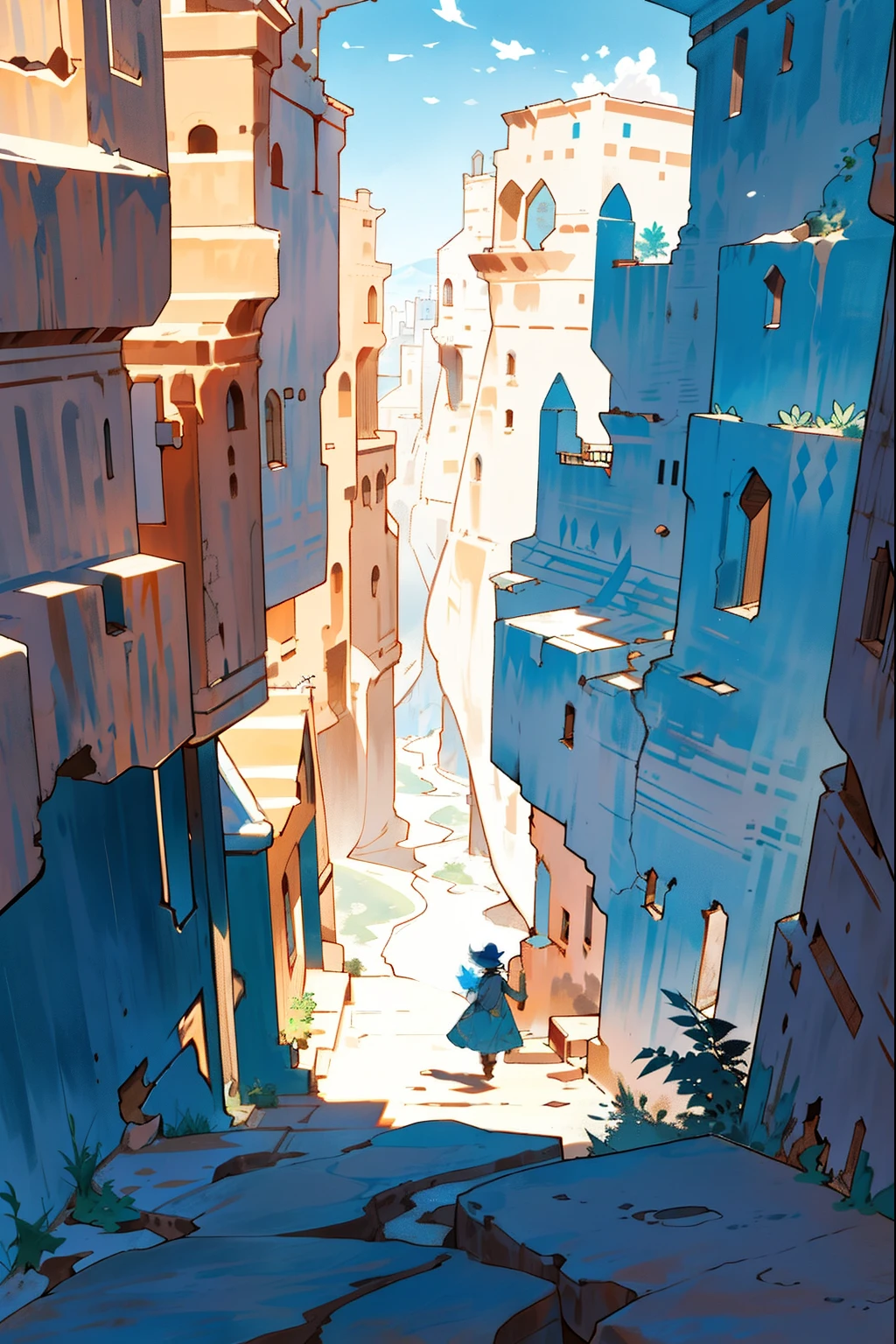 Wide and spacious canyon, Dry and dusty weather, Beautiful clouds in the blue sky, Small single-storey houses carved into the walls of the canyon, People walk around the village, Steep, flat walls reach into the sky