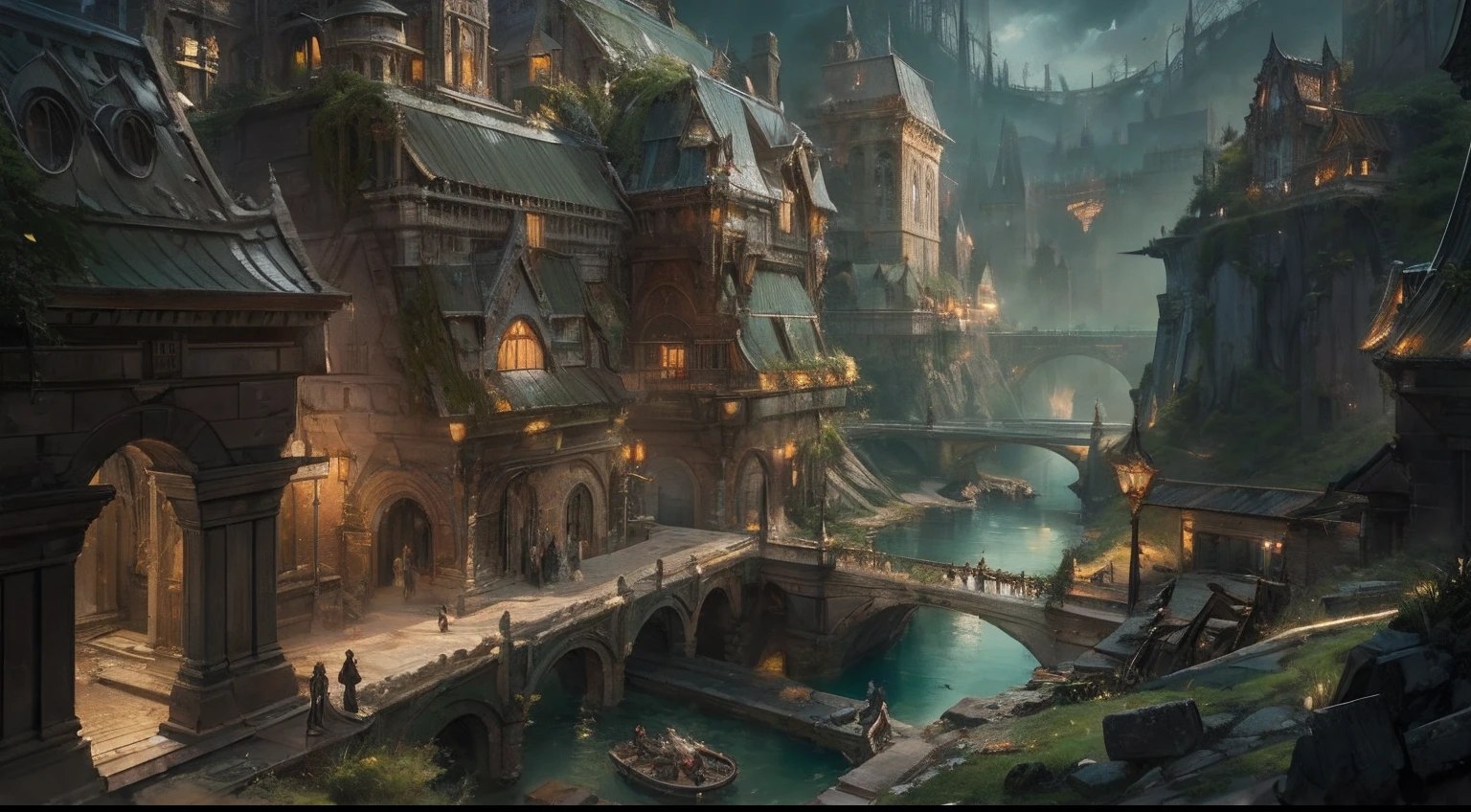 "(by Greg Rutkowski: 1.2), (masterpiece), (best quality), extremely delicate and beautiful, illustration, (fantasy landscape), depth of field, HDR, intricate, delicate, (No human presence), photorealistic depiction, live action feel, creating a visual masterpiece with the best possible quality. (Highlighting the fantastic elements of dwarven city, emphasizing the effects of collapse and severe weathering). Providing a distant view that captures the grandeur and atmosphere."