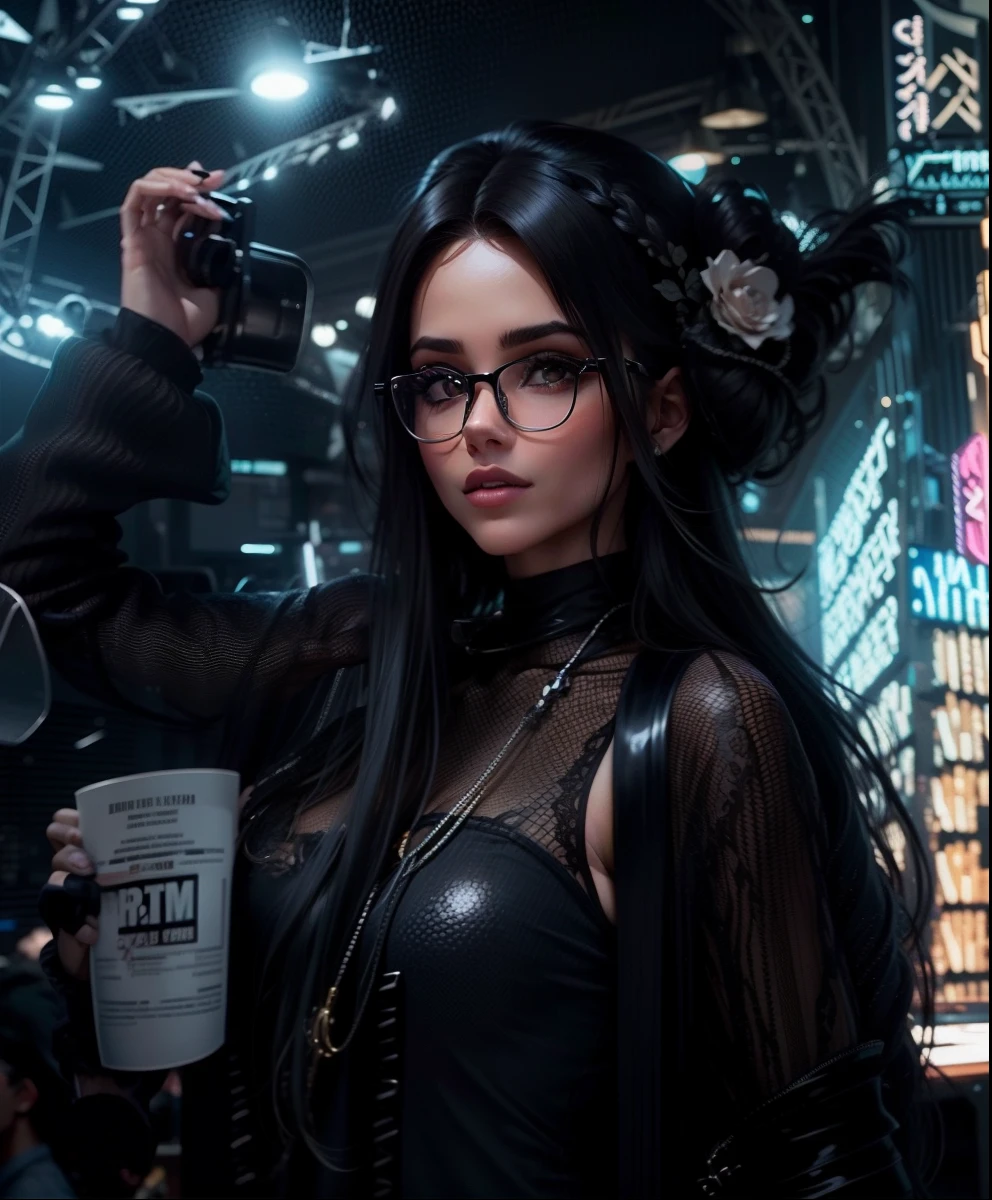 Mulher bebendo em um show, ultra realista, cabelo preto liso, With eye Glasses.
