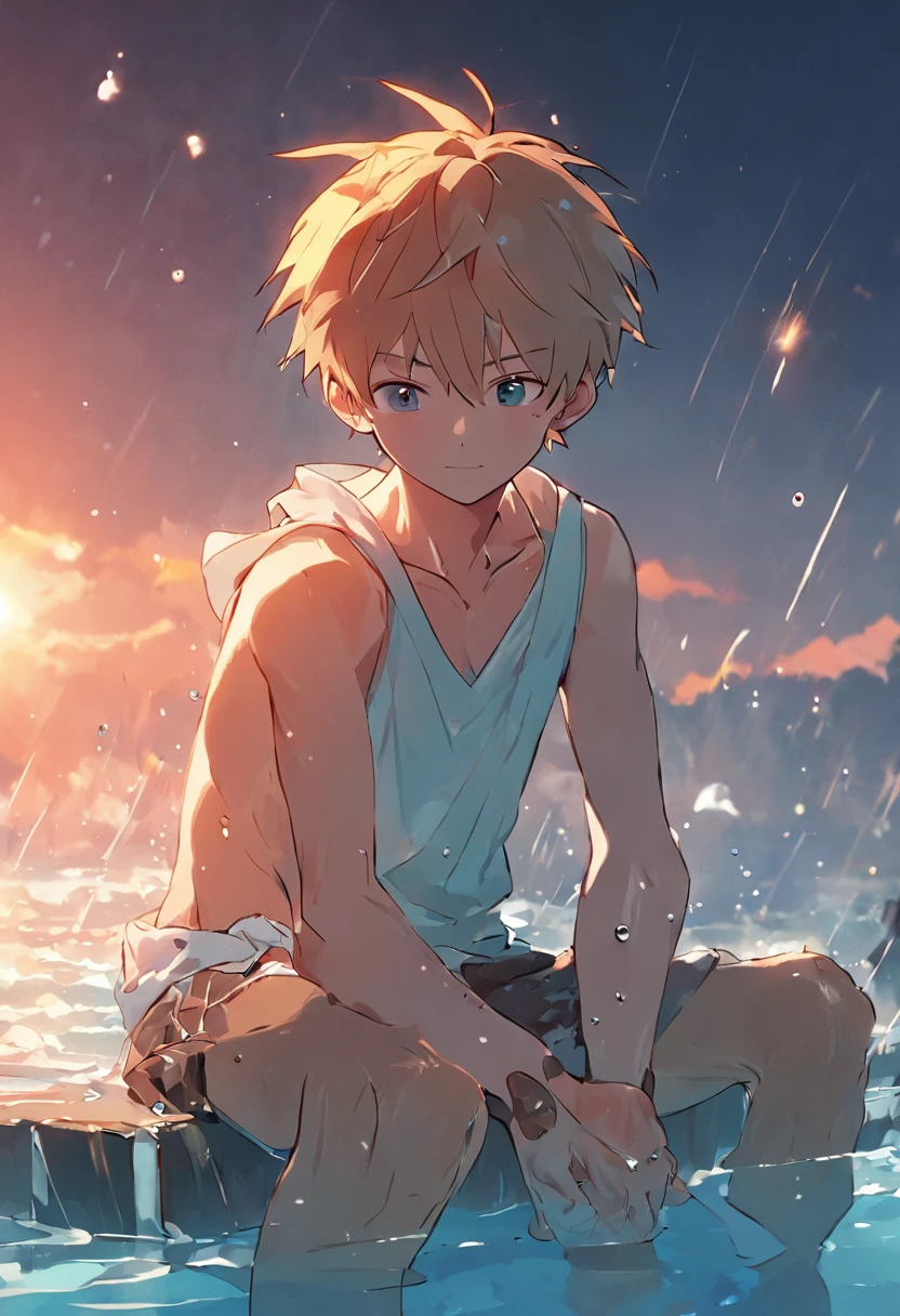 sitting in the water,Shirtless,with fair skin,ssmile,Diving tools