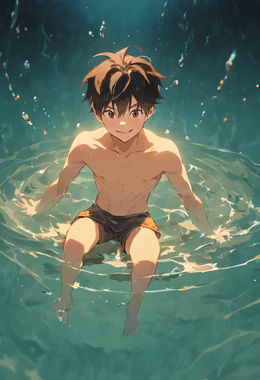 Boy teenager sitting in the water，Shirtless，with fair skin，ssmile，Diving tools