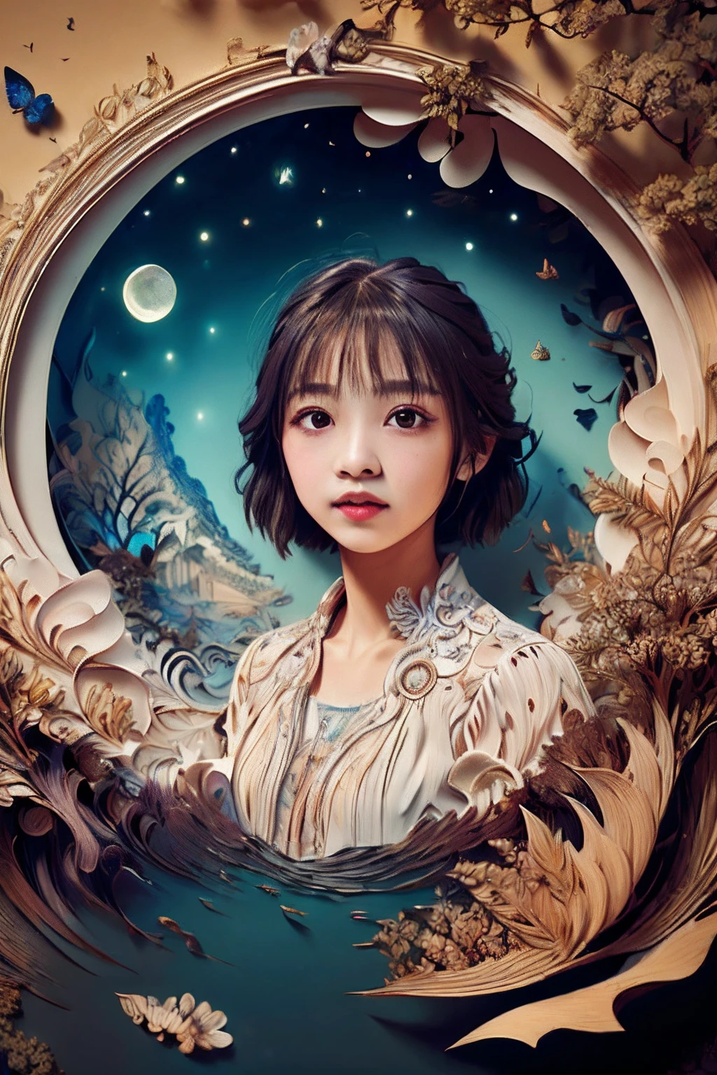 ((((masterpiece))), best quality, illustrations, beautiful details glow,
paper_cut, girl face details clear to the camera, tree, moon, butterfly,